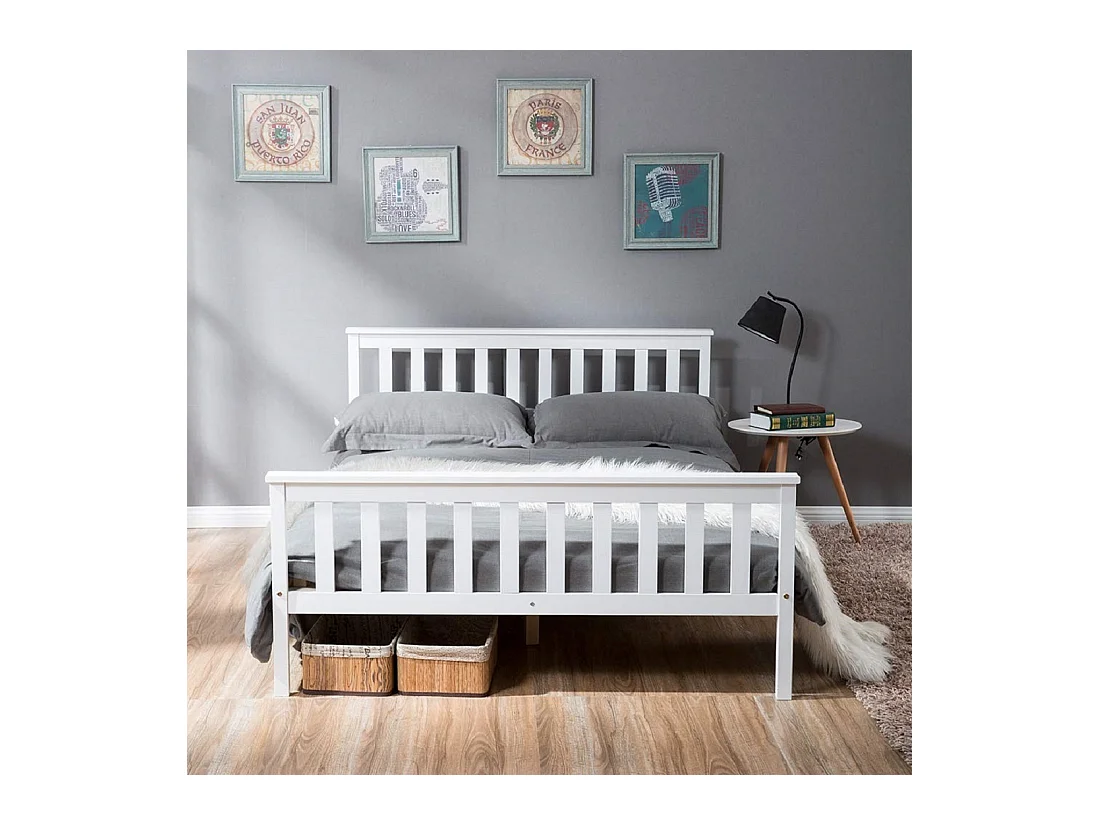 Lit double 140x200 cm Lit ado - structure en pin - avec sommier à lattes - blanc