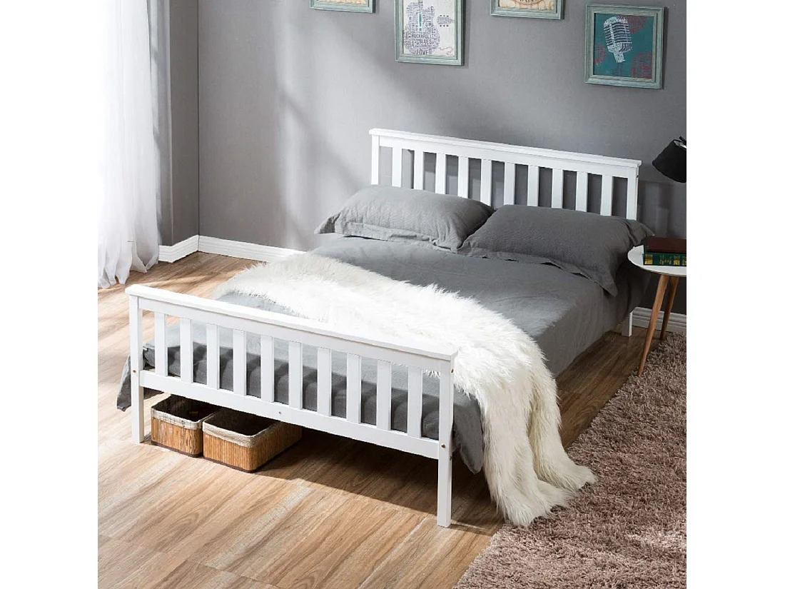 Lit double 140x200 cm Lit ado - structure en pin - avec sommier à lattes - blanc