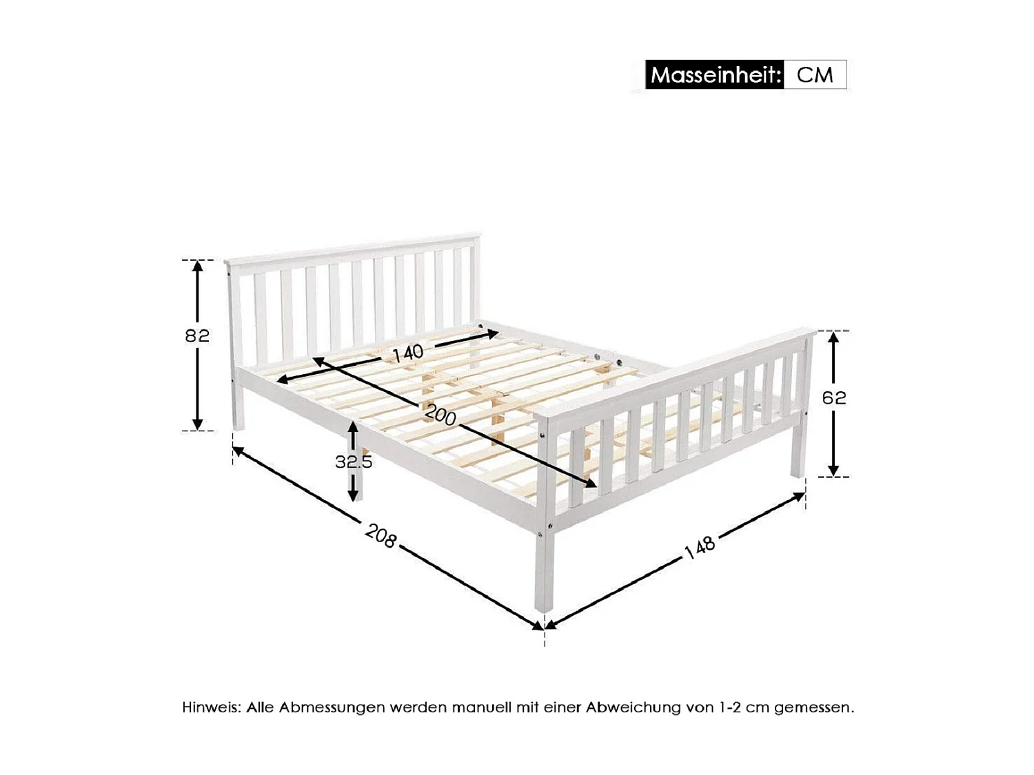 Lit double 140x200 cm Lit ado - structure en pin - avec sommier à lattes - blanc