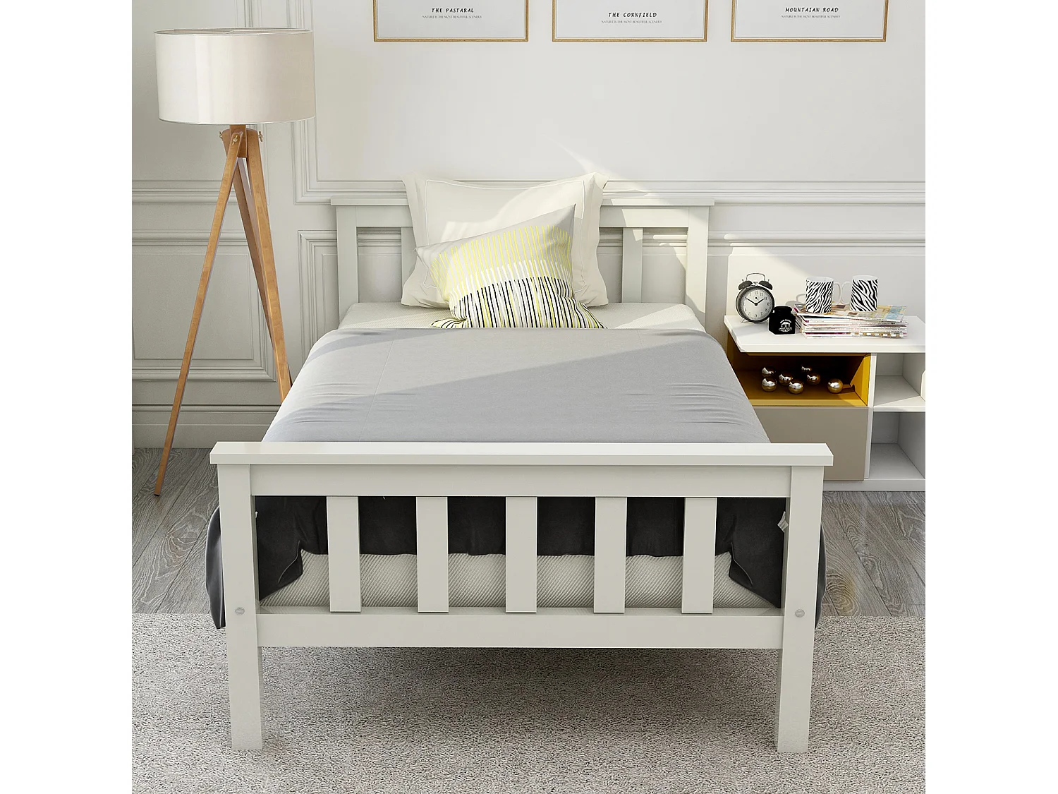 Lit simple 90x200 cm Lit ado - structure en pin - avec sommier à lattes - blanc