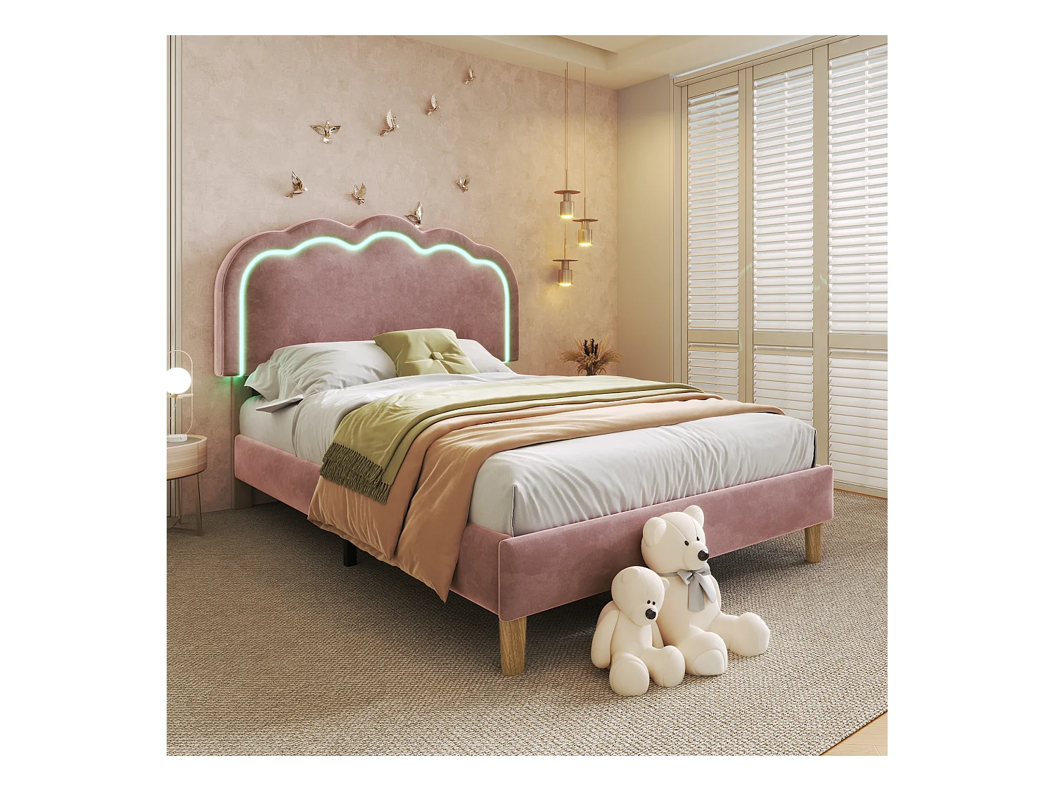 Lit enfant 90x190 cm - avec éclairage LED - tête de lit réglable - velours rose
