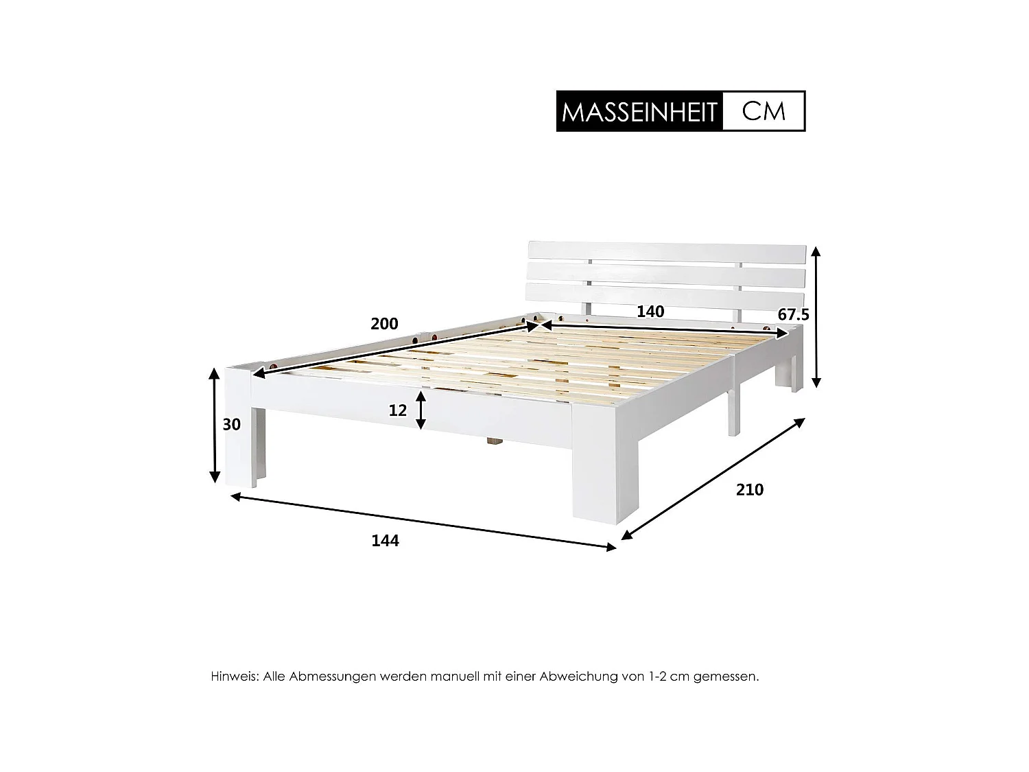 Erwachsenenbett 140x200 cm - Holzbettrahmen - Doppelbett mit Lattenrost - weiß