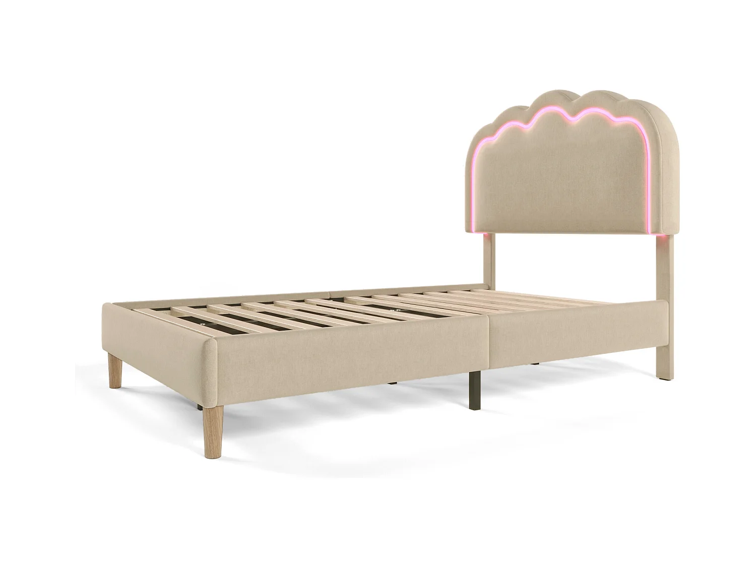 Lit enfant 90x190 cm  - Lit avec éclairage LED - tête de lit réglable - lin beige