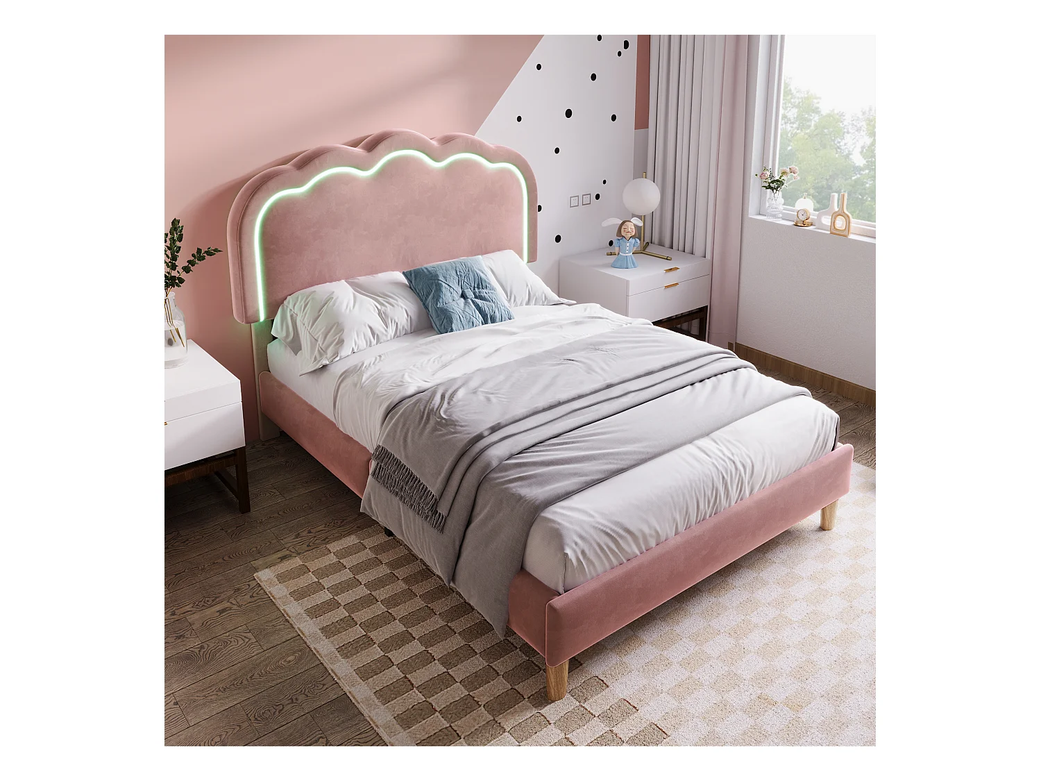 Lit simple  90x200 cm - Lit enfant avec tête de lit réglable - éclairage LED - velours rose