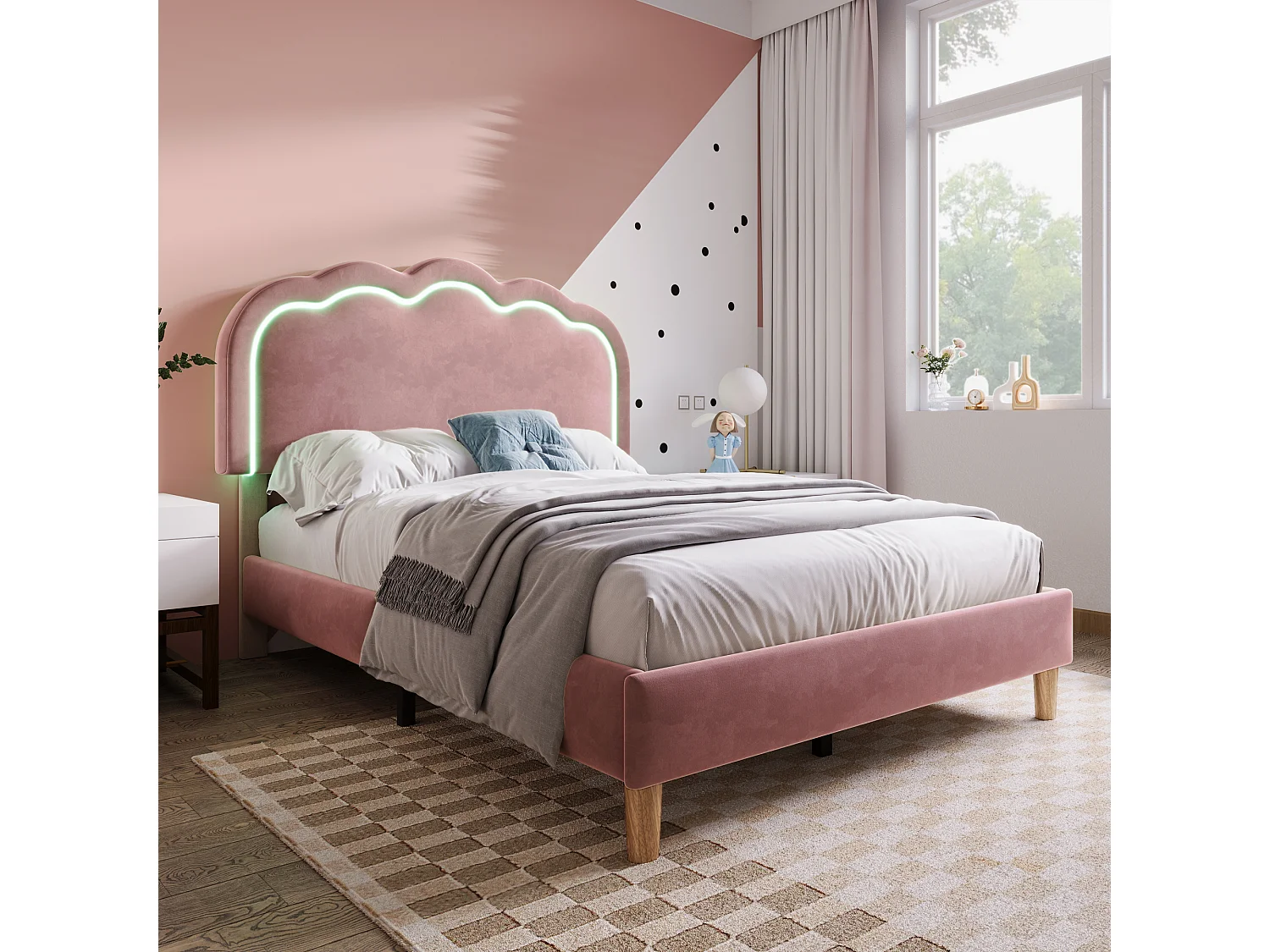 Lit simple  90x200 cm - Lit enfant avec tête de lit réglable - éclairage LED - velours rose