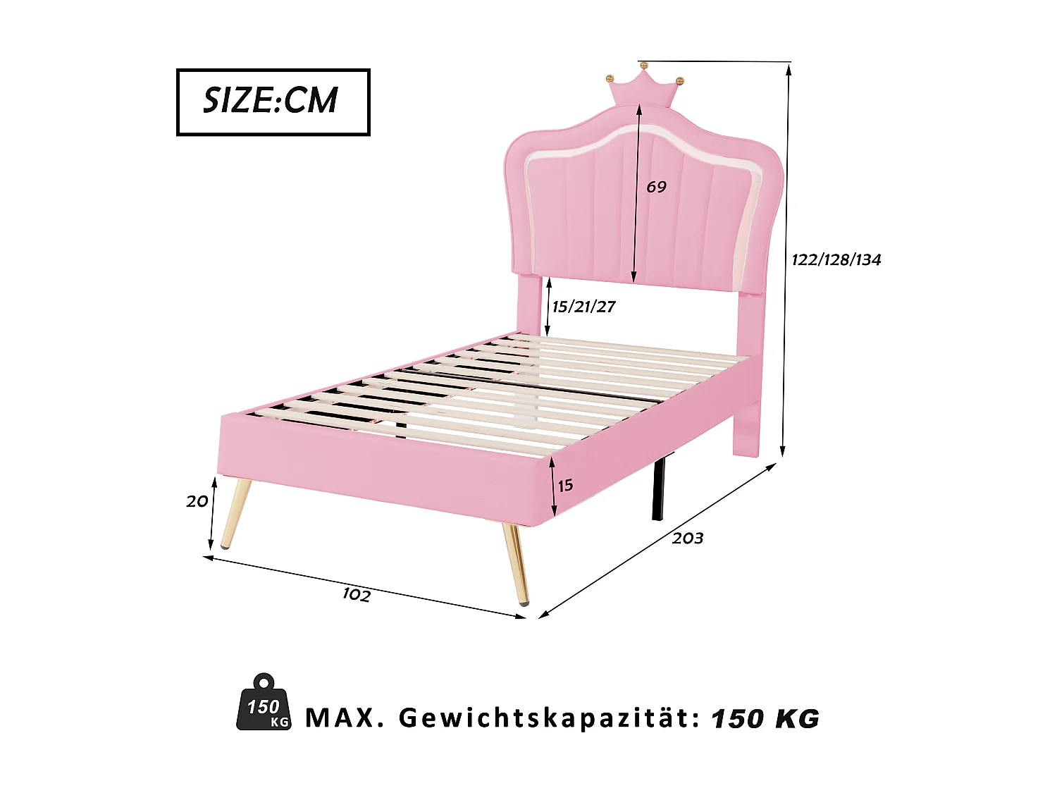 Lit enfant 90x200 cm - Lit simple avec éclairage LED - PU rose - Sans matelas