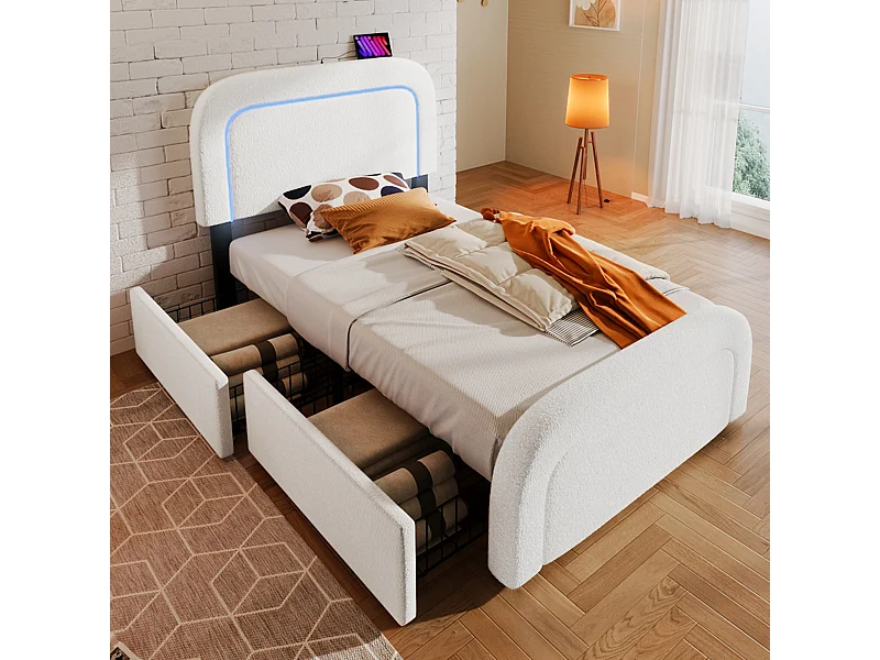 Lit simple 90x200 cm - Lit enfant avec LED et chargement USB - tissu Sherpa blanc - 4 tiroirs