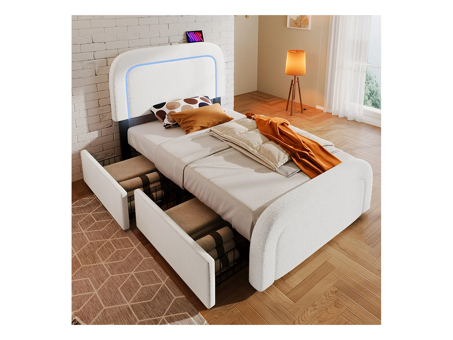 Lit simple 90x200 cm - Lit enfant avec LED et chargement USB - tissu Sherpa blanc - 4 tiroirs