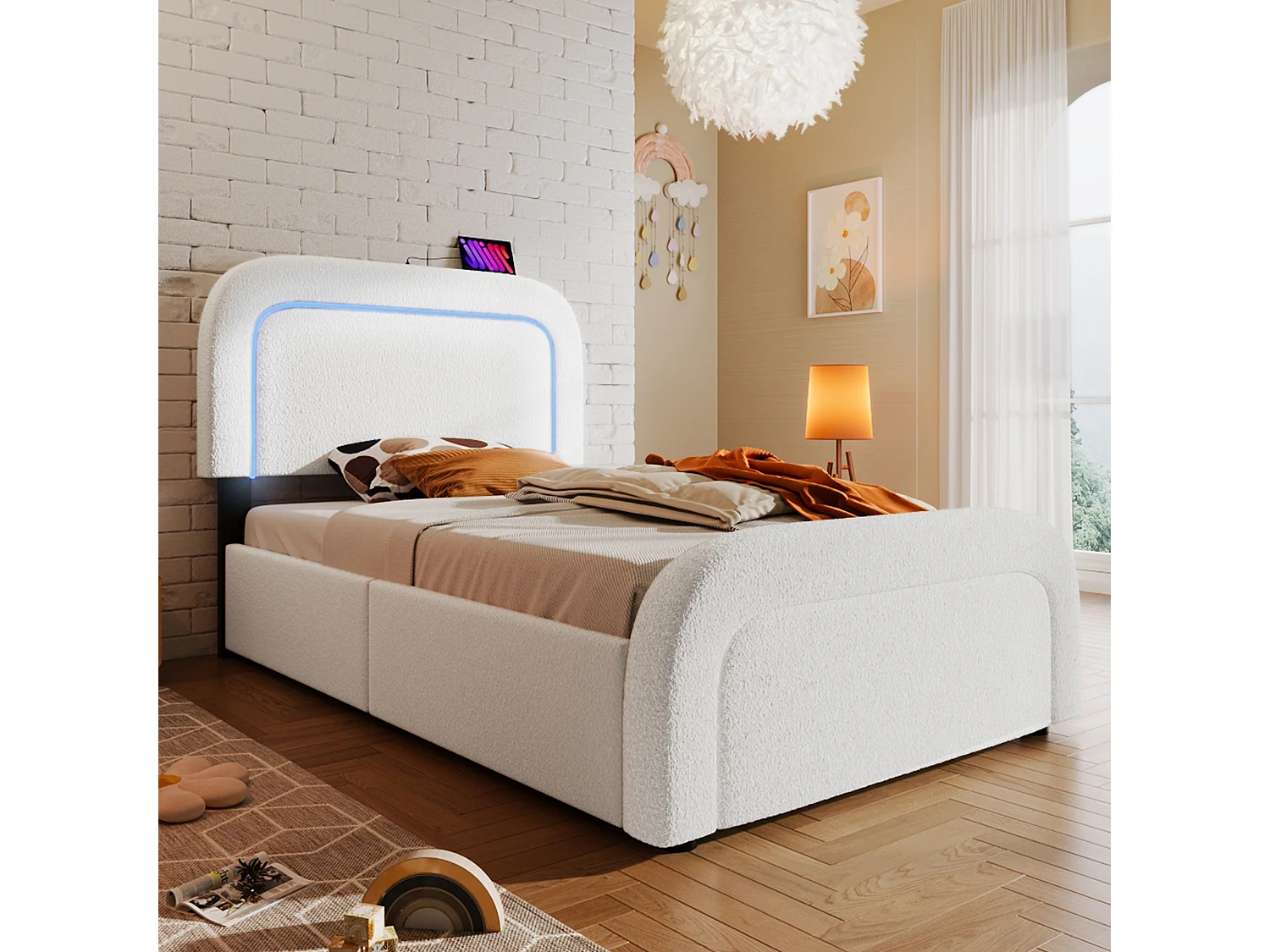 Lit simple 90x200 cm - Lit enfant avec LED et chargement USB - tissu Sherpa blanc - 4 tiroirs