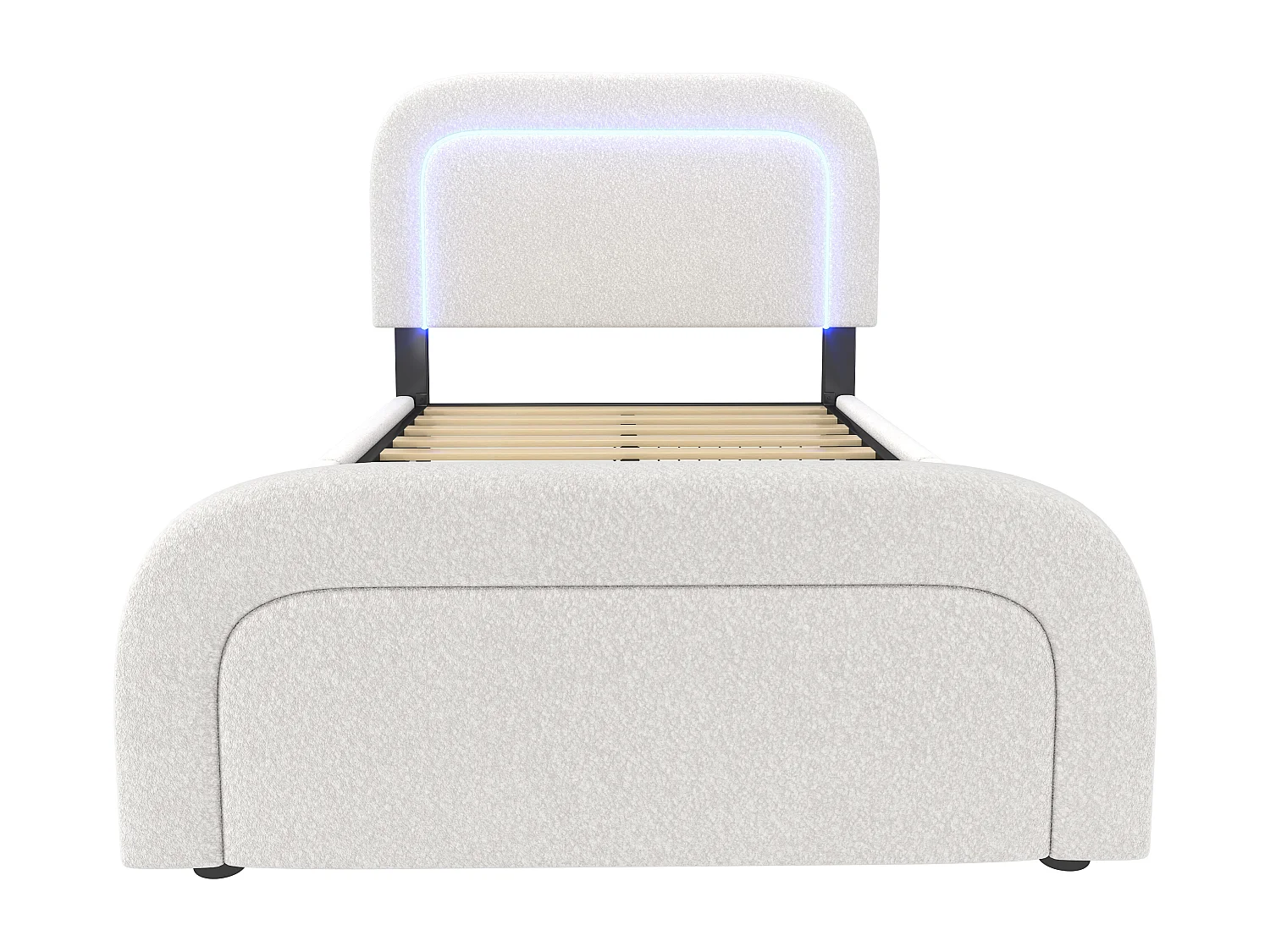 Lit simple 90x200 cm - Lit enfant avec LED et chargement USB - tissu Sherpa blanc - 4 tiroirs