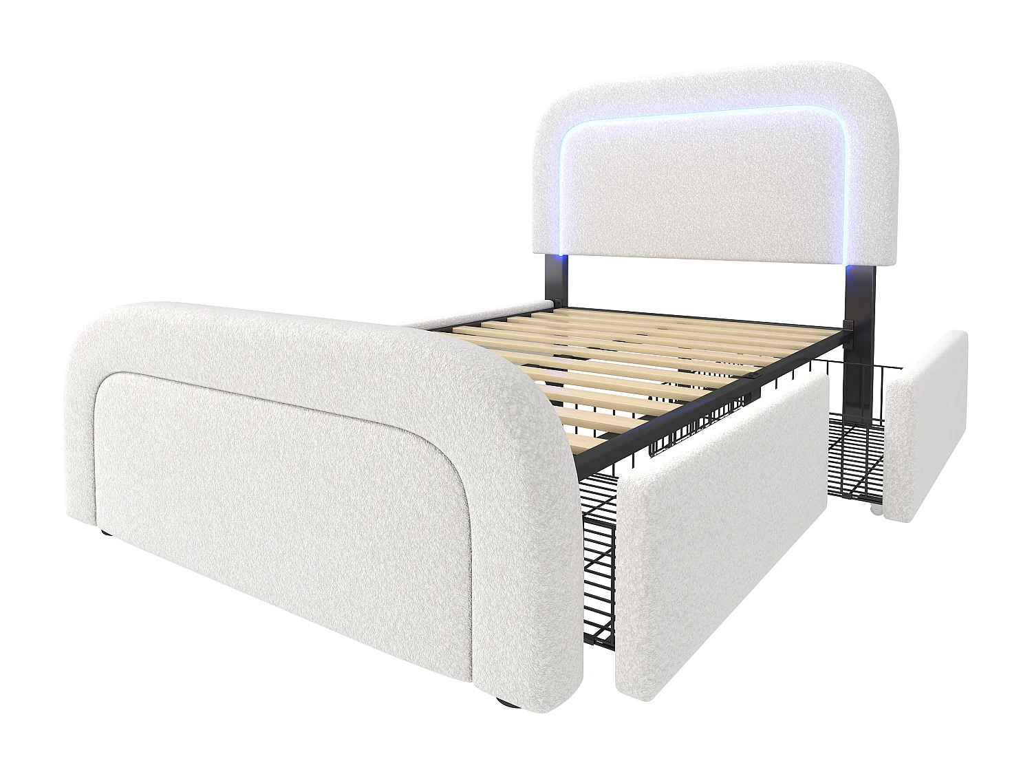 Lit simple 90x200 cm - Lit enfant avec LED et chargement USB - tissu Sherpa blanc - 4 tiroirs