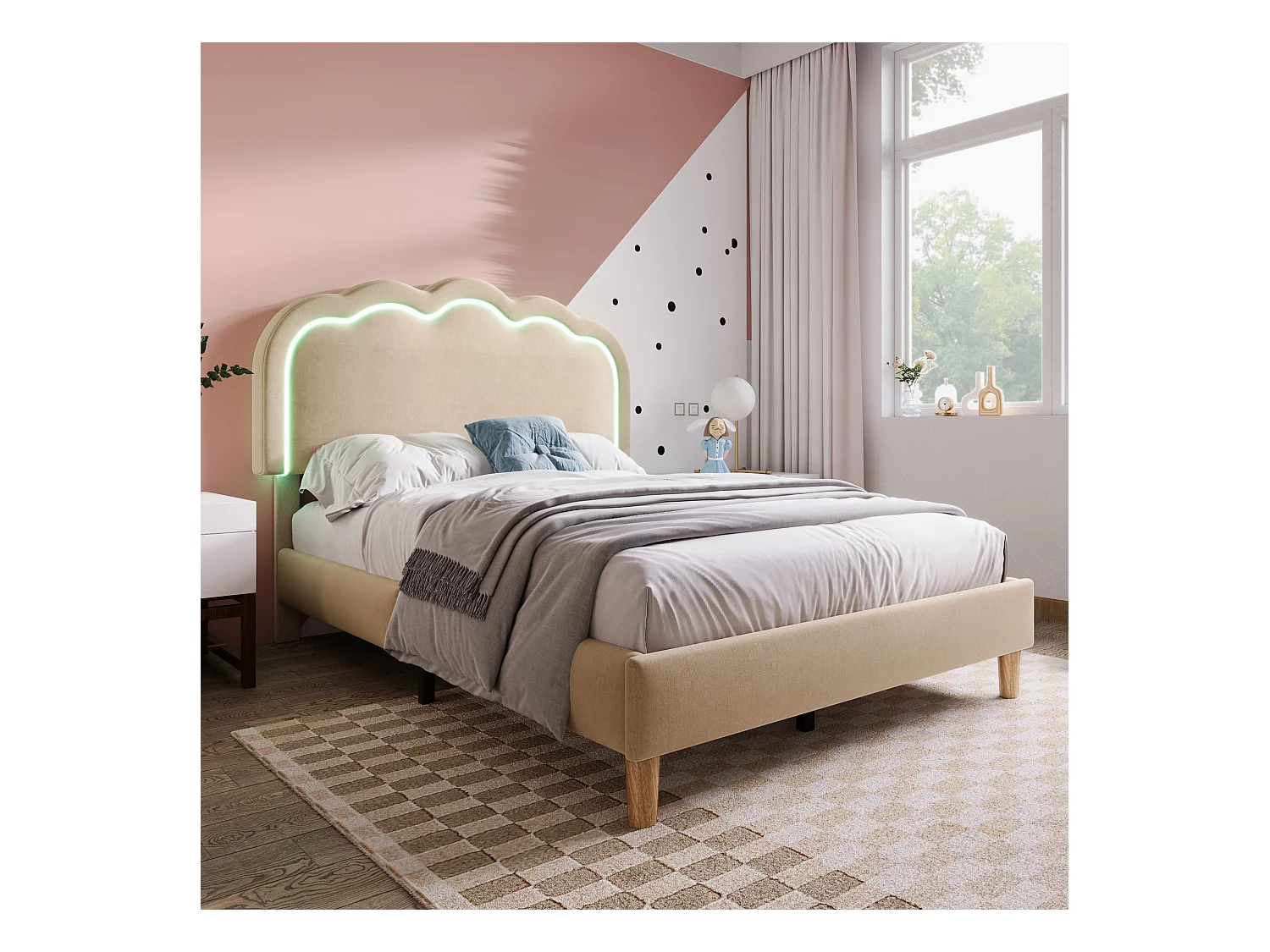 Lit enfant 90x200 cm  - Lit simple avec éclairage LED - tête de lit réglable - lin beige