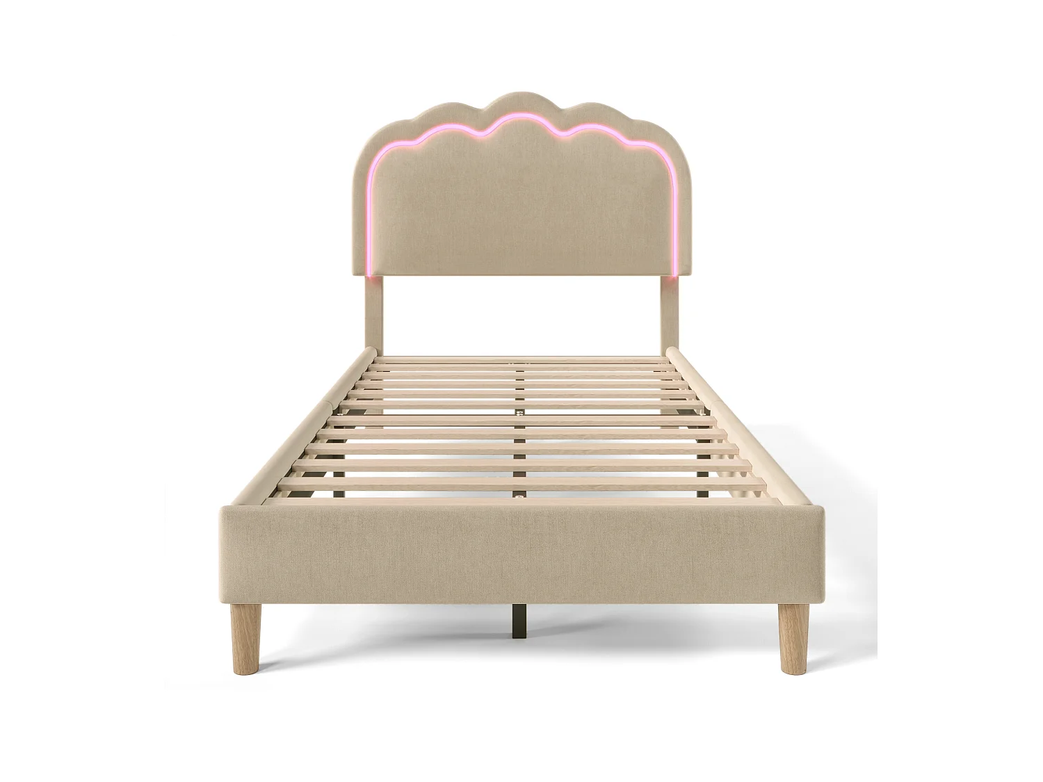 Lit enfant 90x200 cm  - Lit simple avec éclairage LED - tête de lit réglable - lin beige