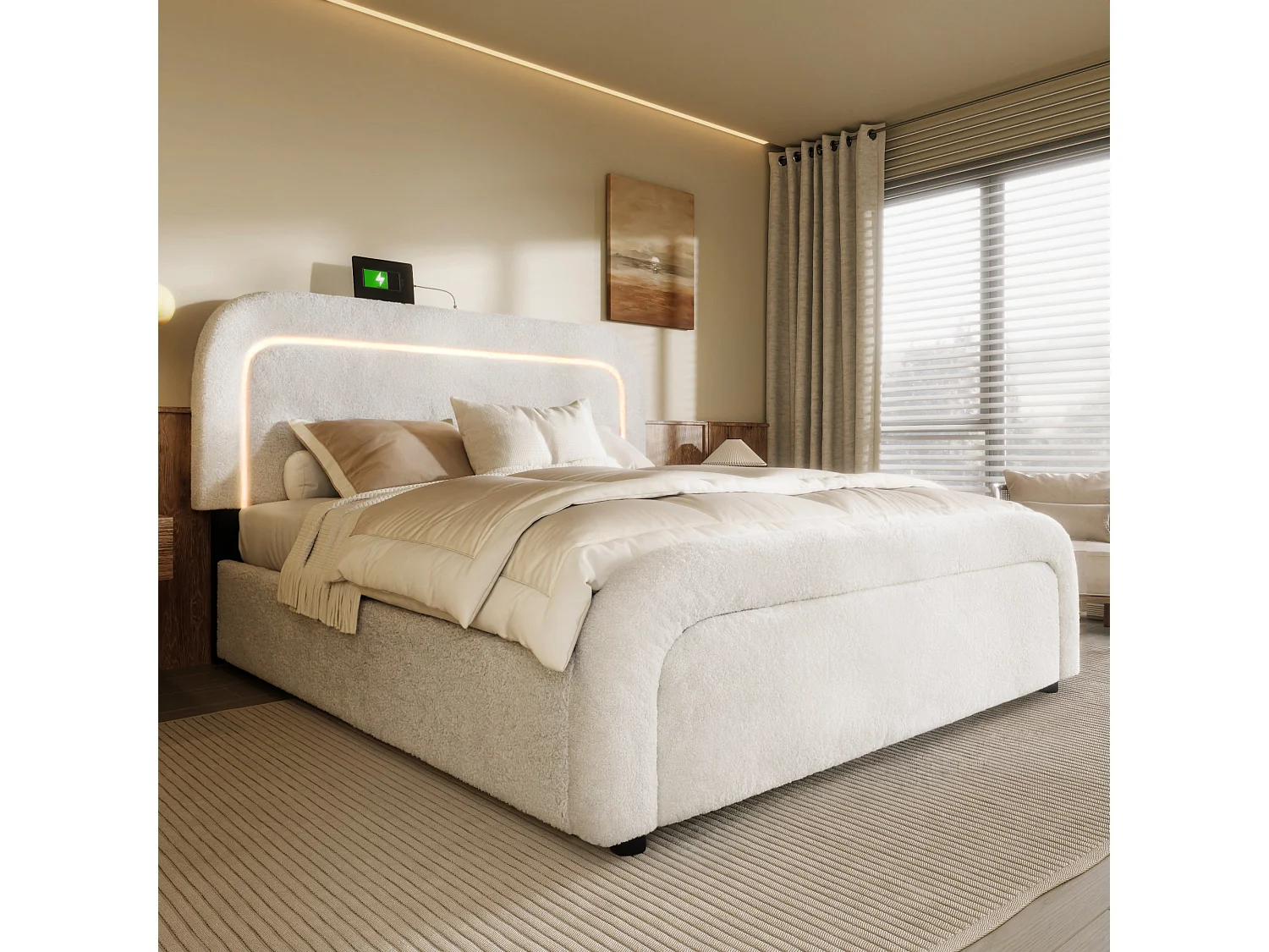 Lit double 140x200 cm - Lit adulte avec LED et USB - Tissu Sherpa blanc - 4 tiroirs