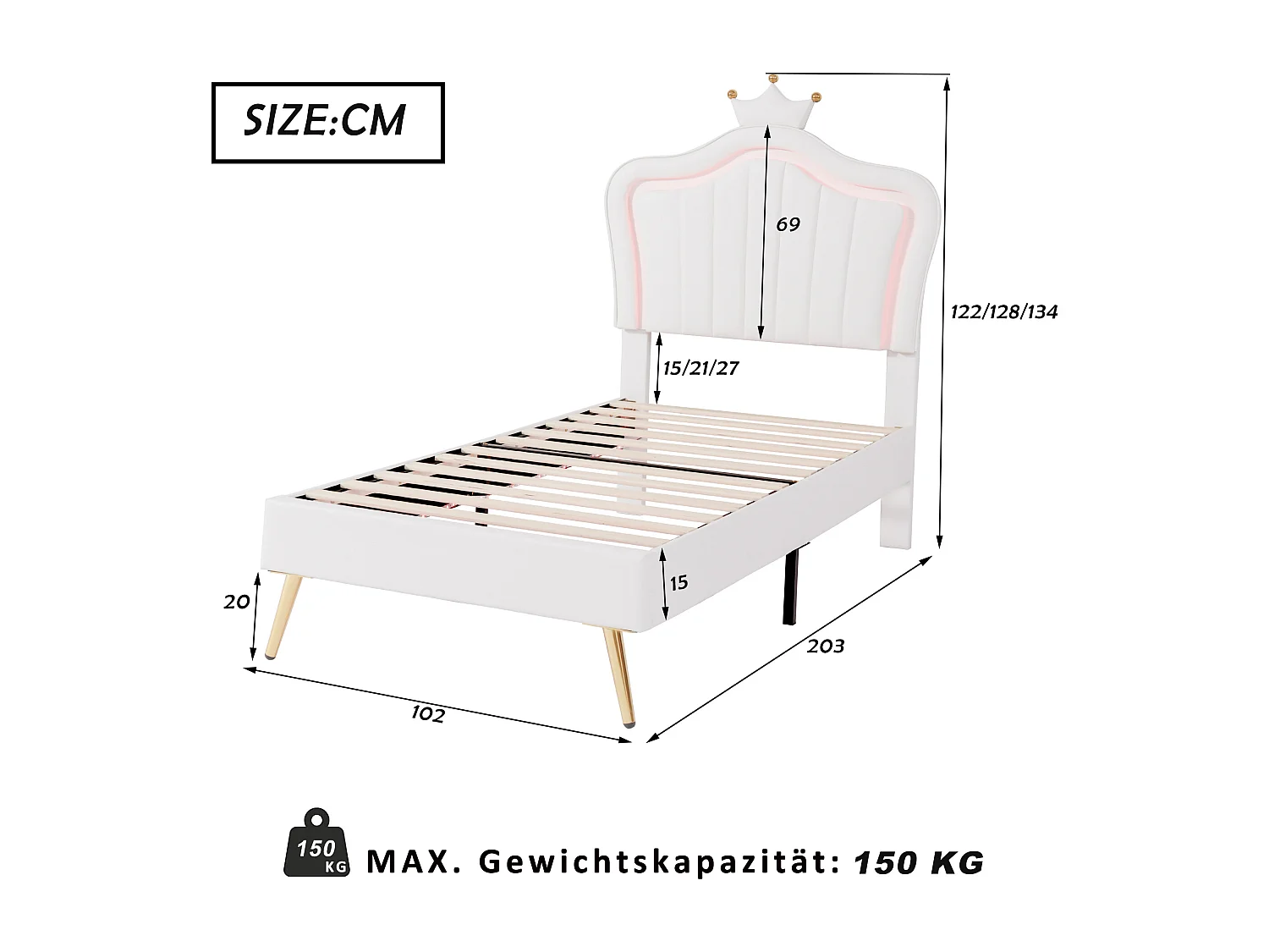 Lit enfant 90x200 cm - Lit simple avec éclairage LED - PU blanc - Sans matelas