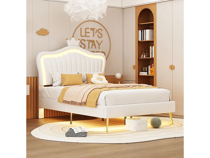 Lit enfant 90x200 cm - Lit simple avec éclairage LED - PU blanc - Sans matelas