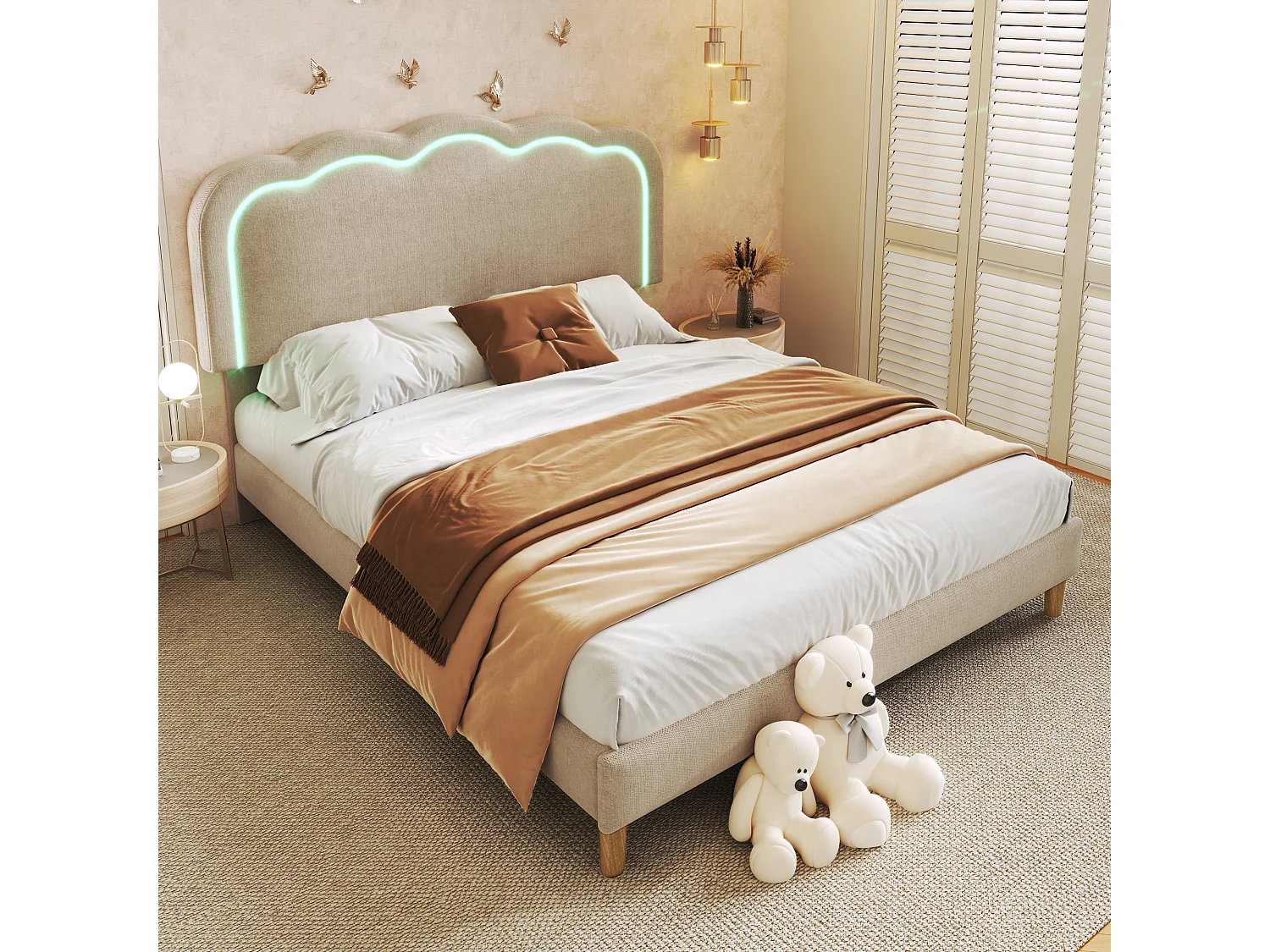 Lit adulte 140x200 cm - Lit double avec tête de lit réglable - éclairage LED - lin beige