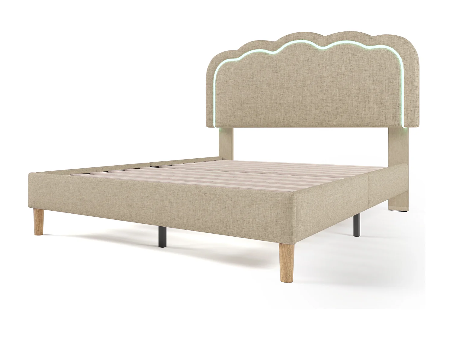 Lit adulte 140x200 cm - Lit double avec tête de lit réglable - éclairage LED - lin beige