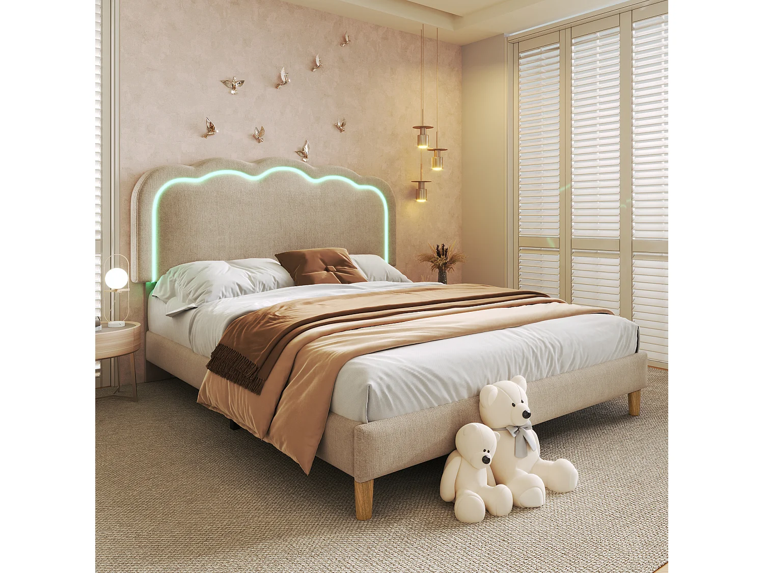 Lit adulte 140x200 cm - Lit double avec tête de lit réglable - éclairage LED - lin beige