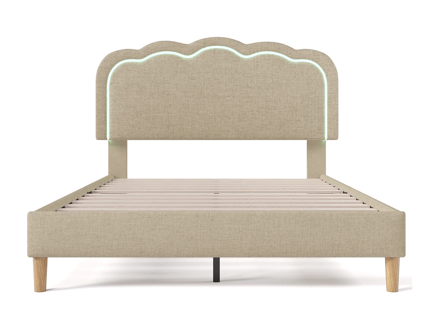 Lit adulte 140x200 cm - Lit double avec tête de lit réglable - éclairage LED - lin beige