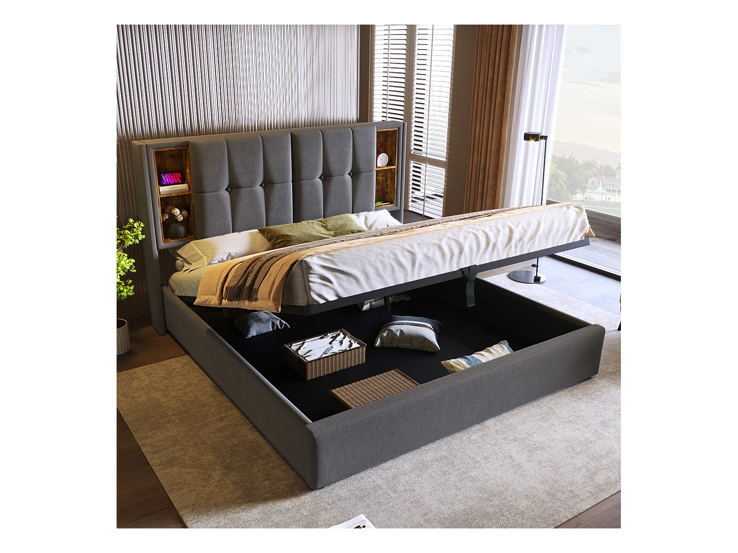 Lit coffre 160x200 cm - lit adulte avec recharge sans fil USB C - coton - gris