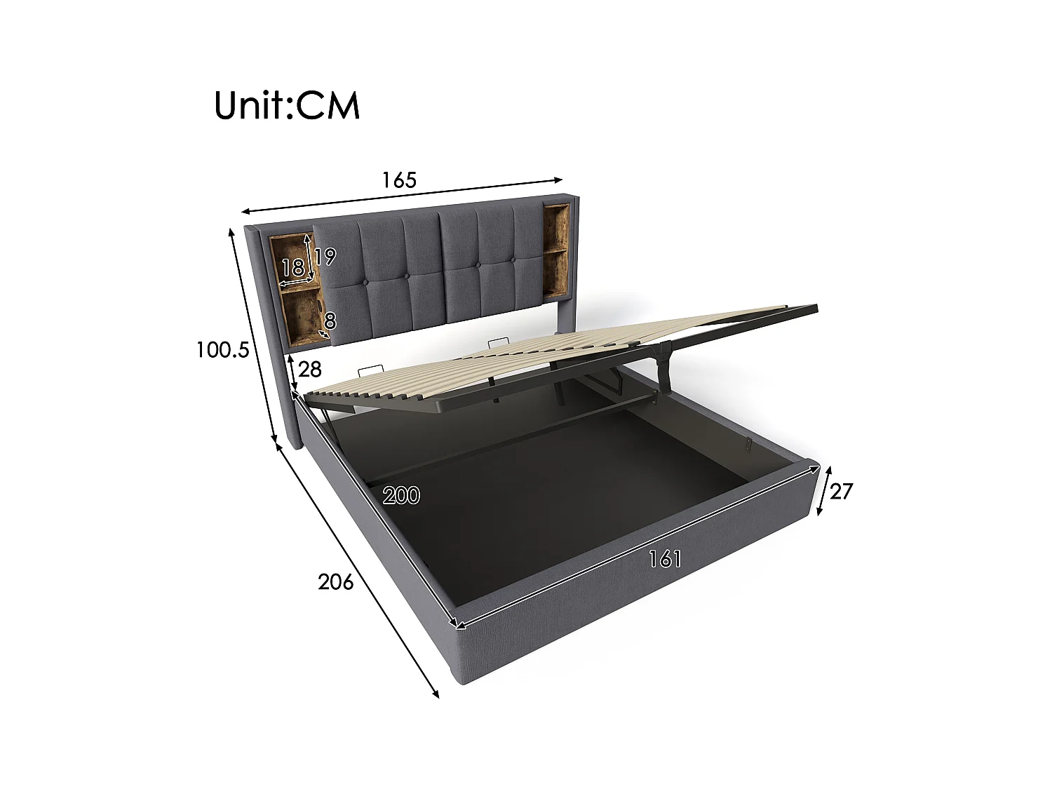 Lit coffre 160x200 cm - lit adulte avec recharge sans fil USB C - coton - gris
