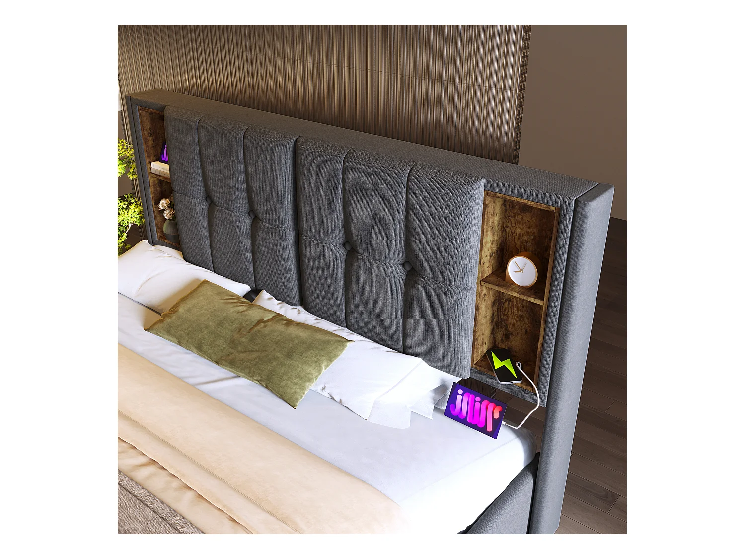 Lit coffre 160x200 cm - lit adulte avec recharge sans fil USB C - coton - gris