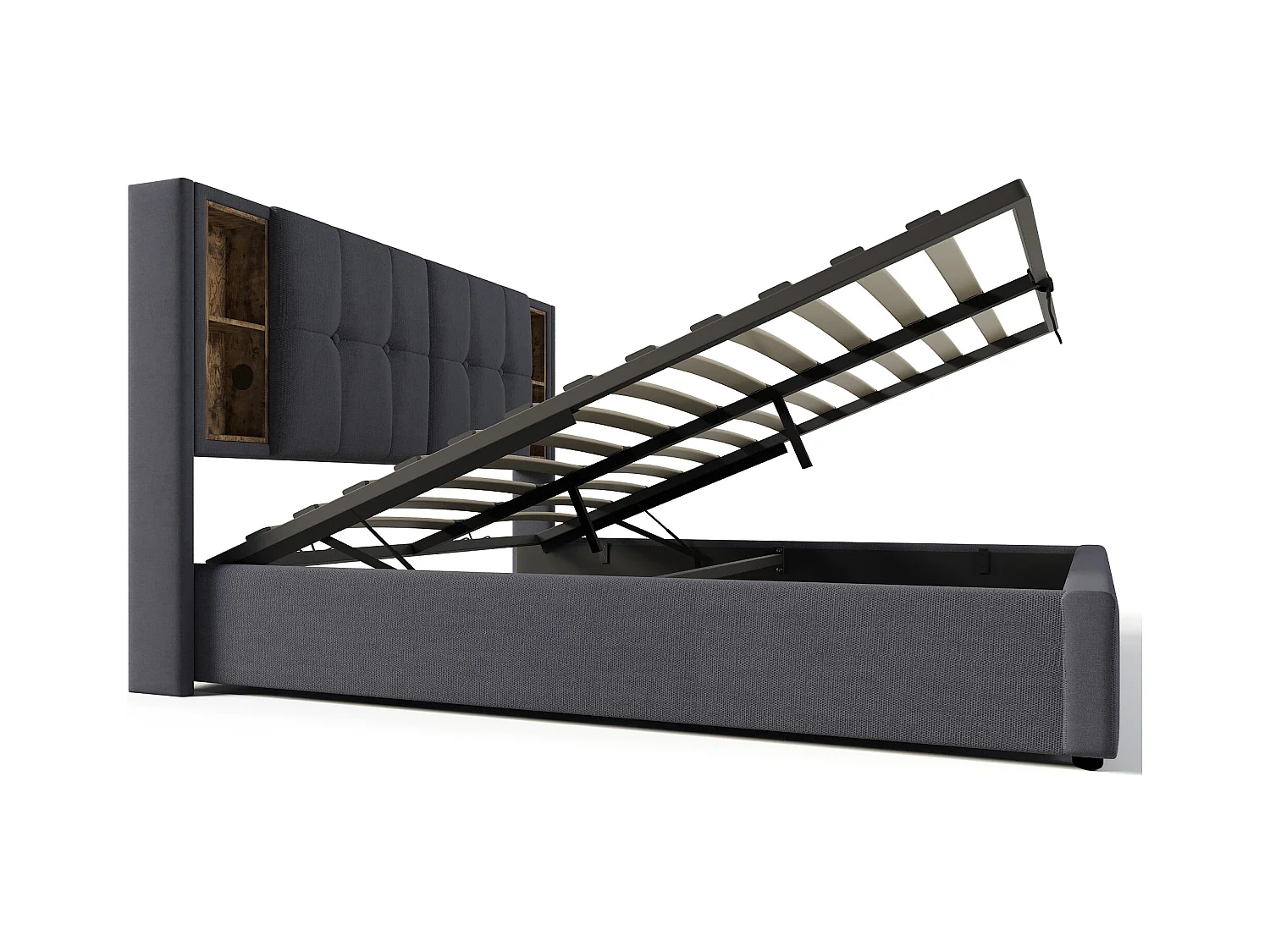 Lit coffre 160x200 cm - lit adulte avec recharge sans fil USB C - coton - gris