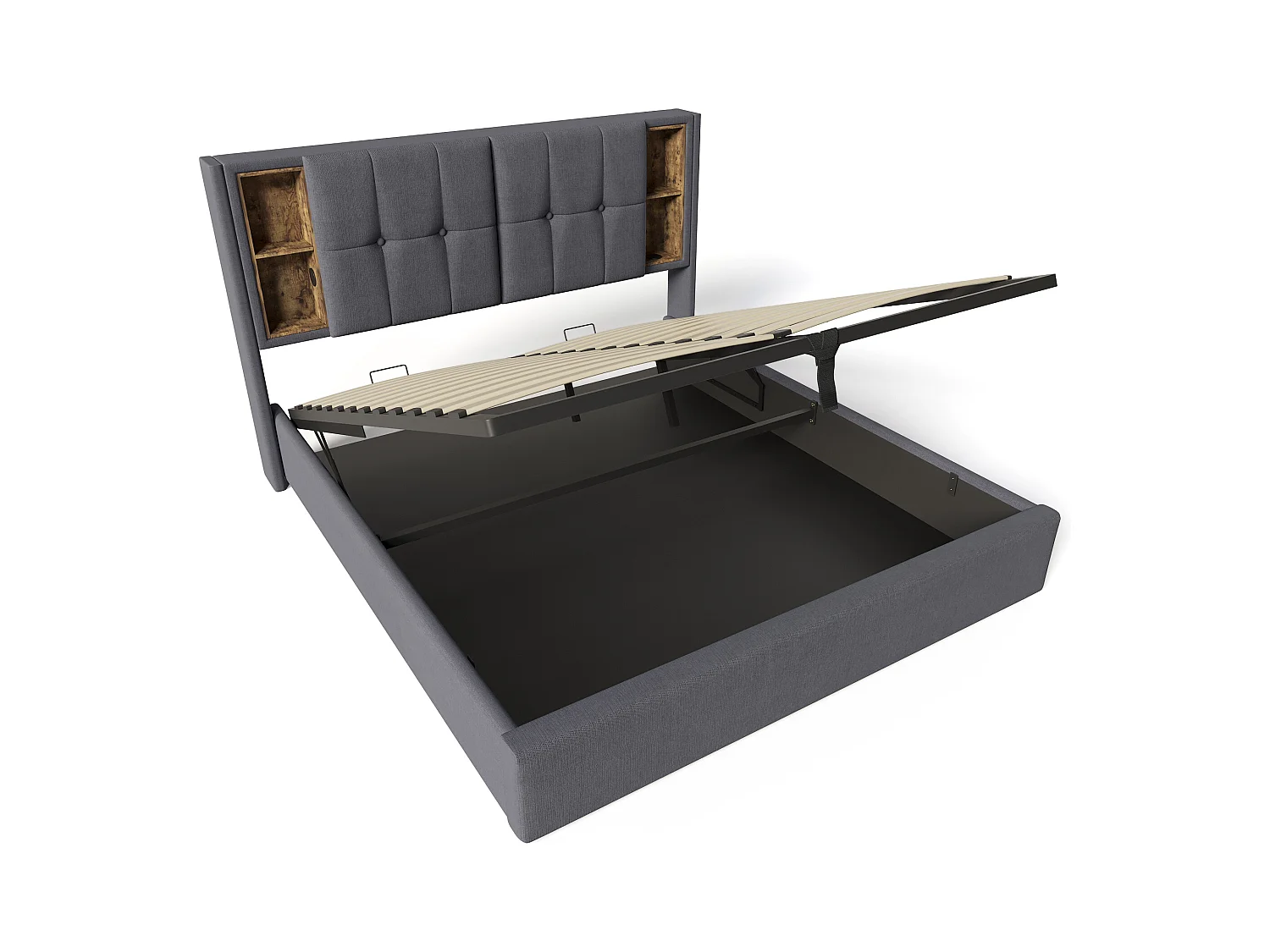 Lit coffre 160x200 cm - lit adulte avec recharge sans fil USB C - coton - gris