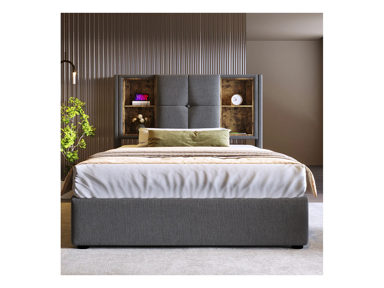 Lit coffre 90x200 cm - lit adulte avec recharge sans fil USB C - coton - gris