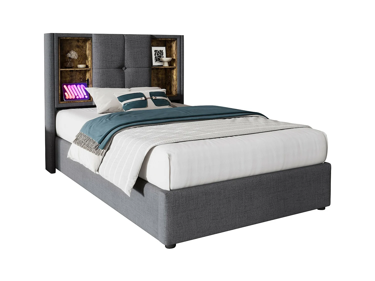 Lit coffre 90x200 cm - lit adulte avec recharge sans fil USB C - coton - gris