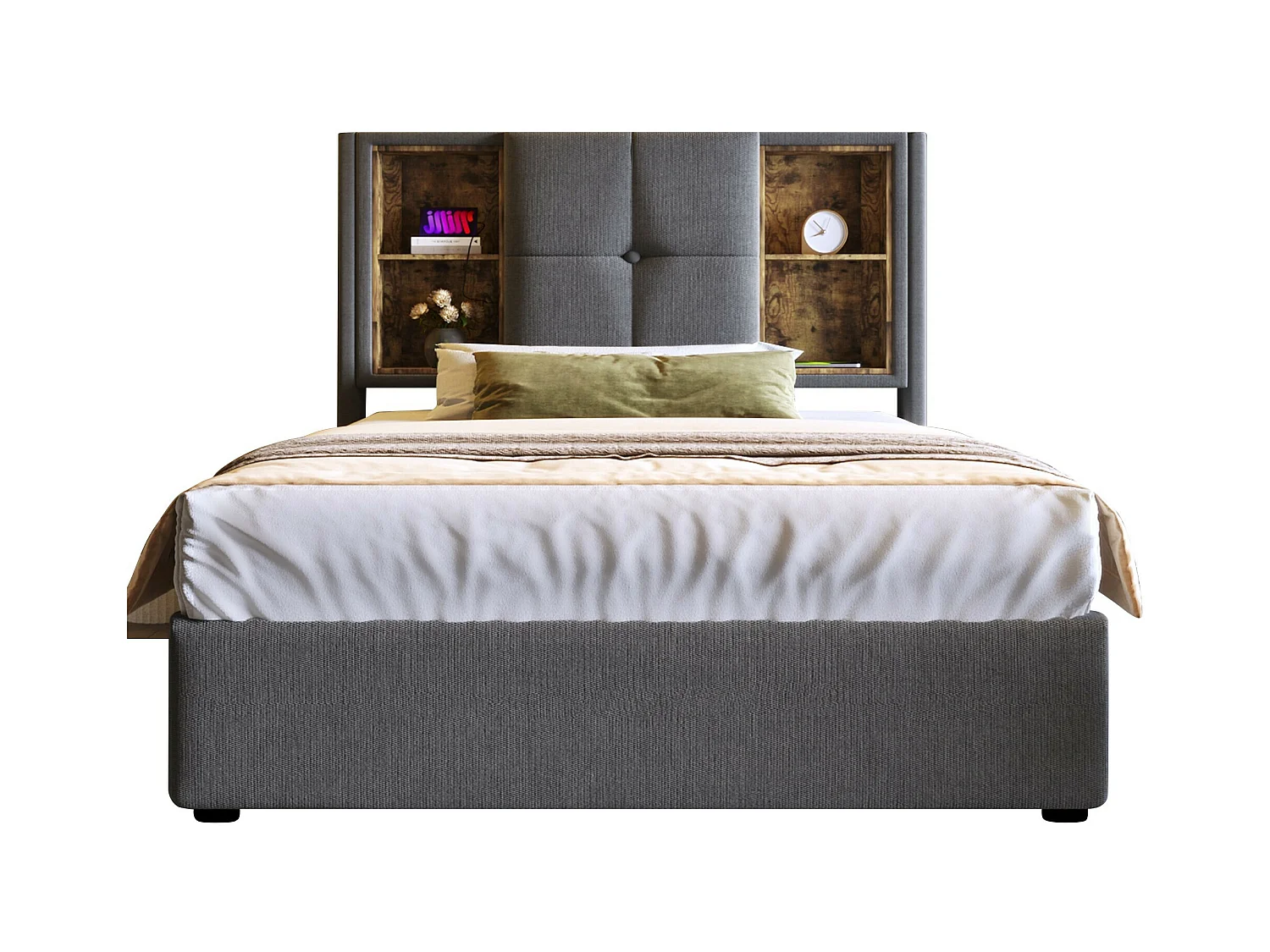 Lit coffre 90x200 cm - lit adulte avec recharge sans fil USB C - coton - gris