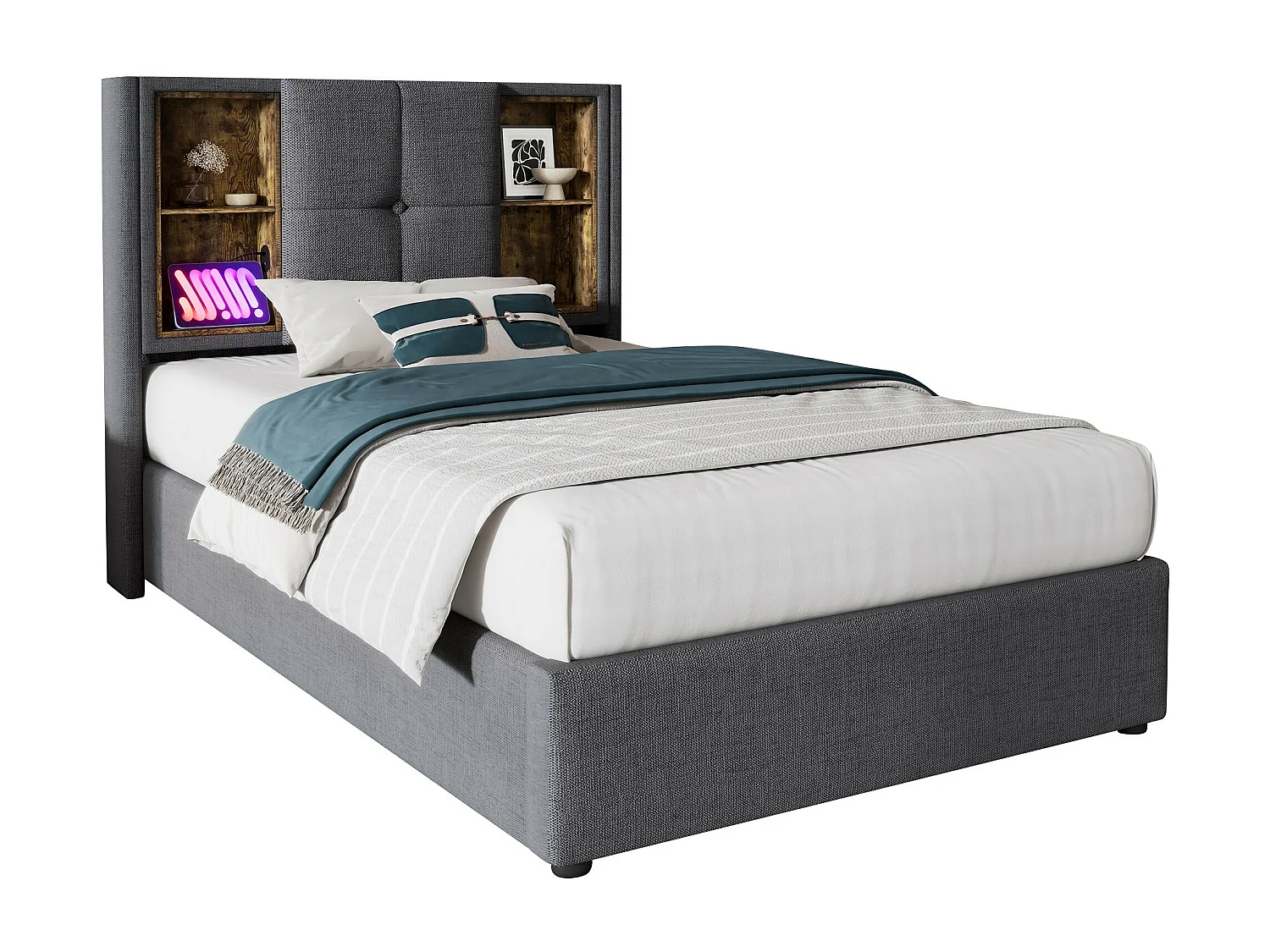 Lit coffre 90x200 cm - lit adulte avec recharge sans fil USB C - coton - gris