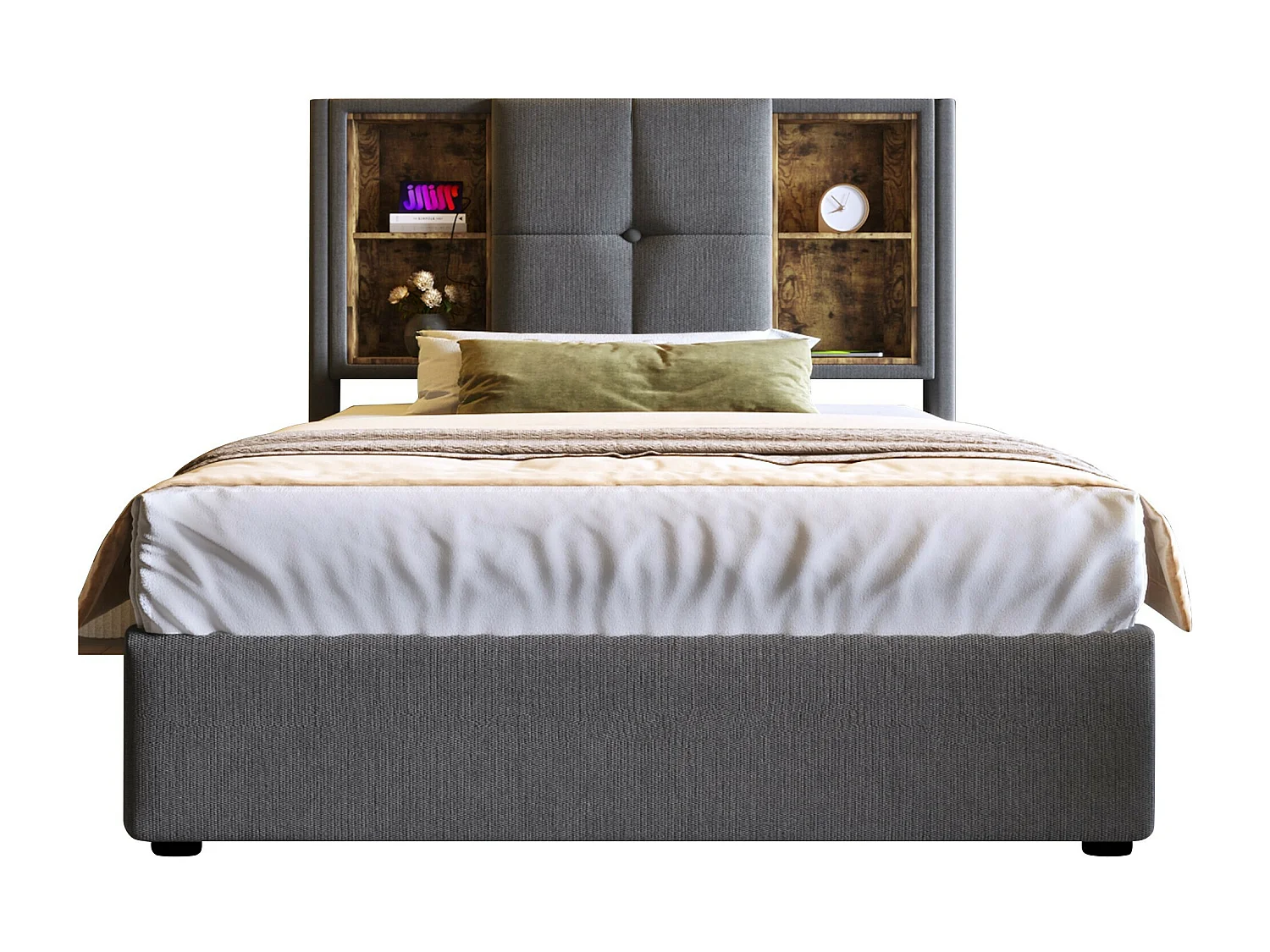 Lit coffre 90x200 cm - lit adulte avec recharge sans fil USB C - coton - gris