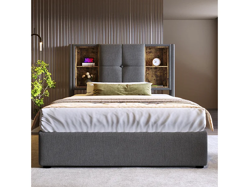 Lit coffre 90x200 cm - lit adulte avec recharge sans fil USB C - coton - gris