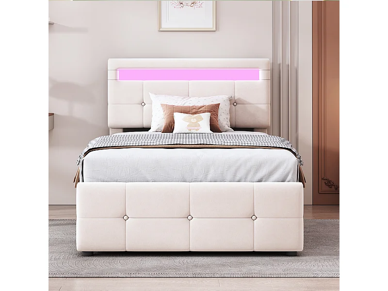 Lit coffre 90x200 cm - lit capitonné avec éclairage LED - tête de lit réglable en hauteur - tissu velours - similicuir - beige
