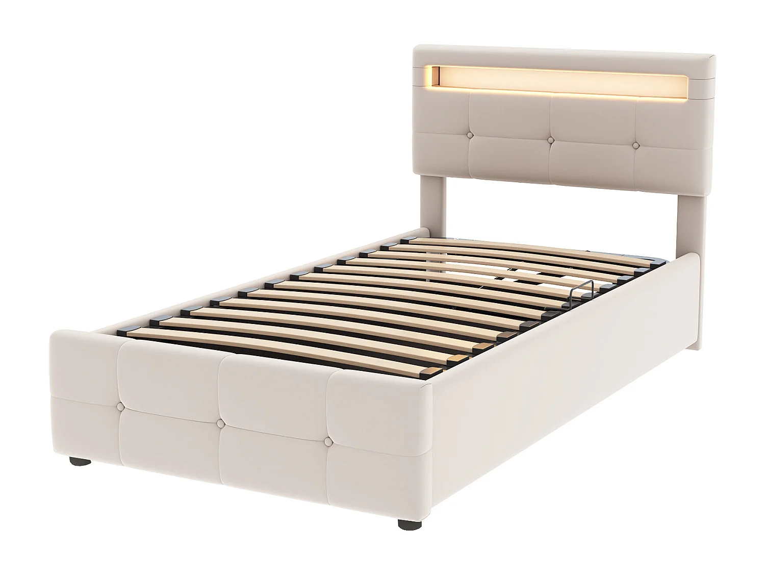 Lit coffre 90x200 cm - lit capitonné avec éclairage LED - tête de lit réglable en hauteur - tissu velours - similicuir - beige