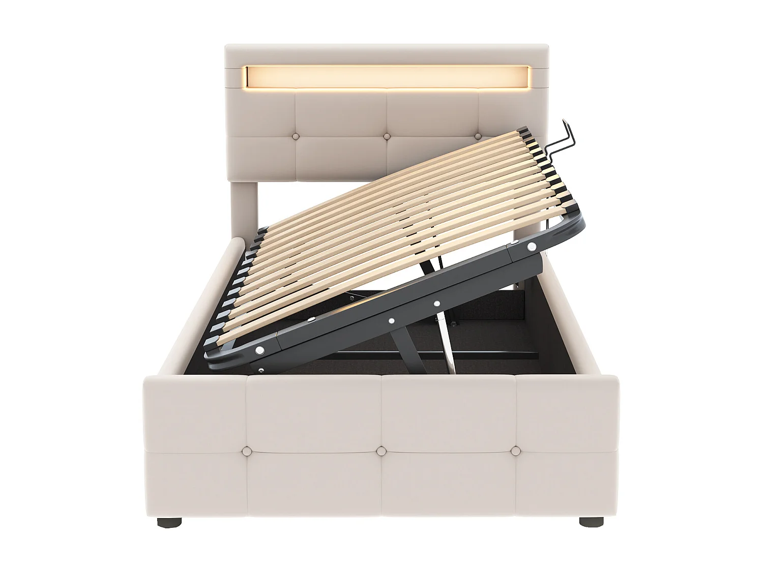 Lit coffre 90x200 cm - lit capitonné avec éclairage LED - tête de lit réglable en hauteur - tissu velours - similicuir - beige