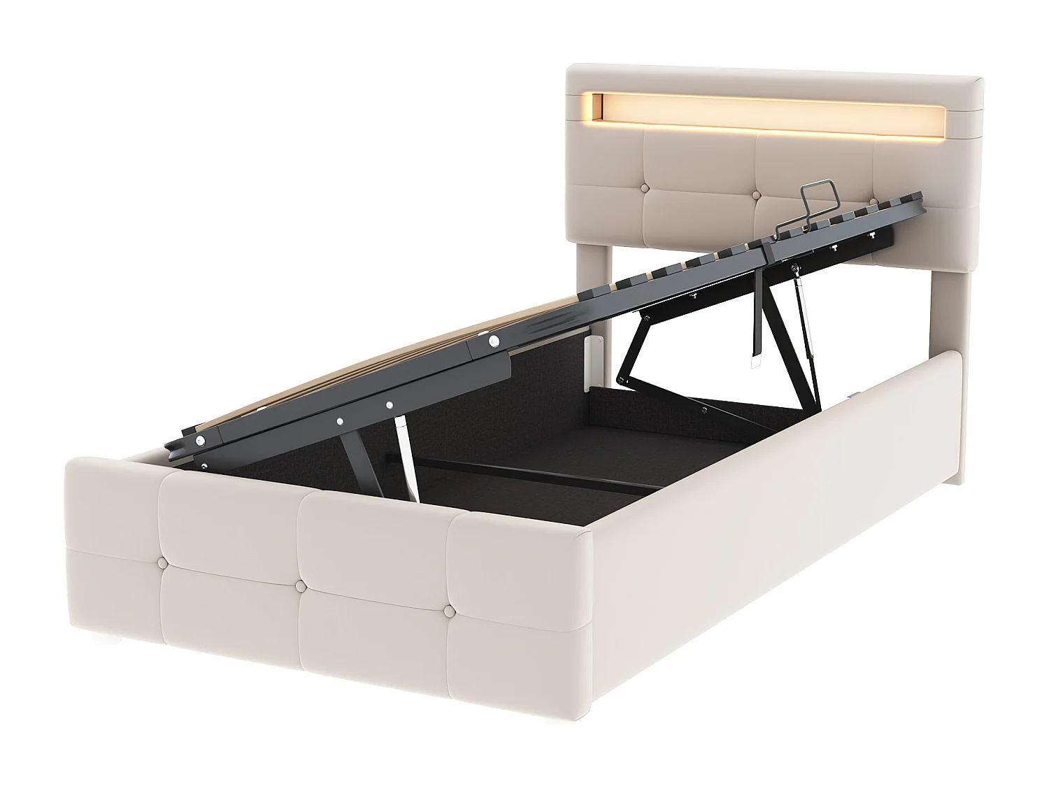 Lit coffre 90x200 cm - lit capitonné avec éclairage LED - tête de lit réglable en hauteur - tissu velours - similicuir - beige