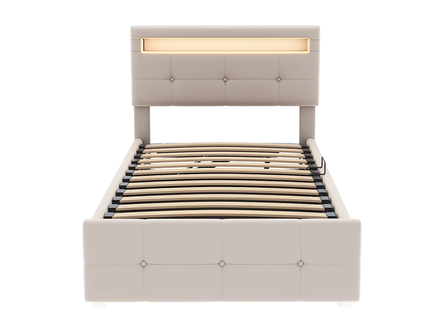 Lit coffre 90x200 cm - lit capitonné avec éclairage LED - tête de lit réglable en hauteur - tissu velours - similicuir - beige