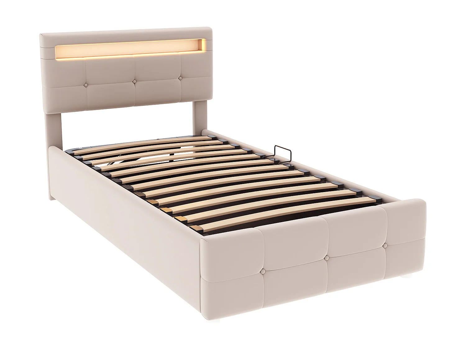 Lit coffre 90x200 cm - lit capitonné avec éclairage LED - tête de lit réglable en hauteur - tissu velours - similicuir - beige
