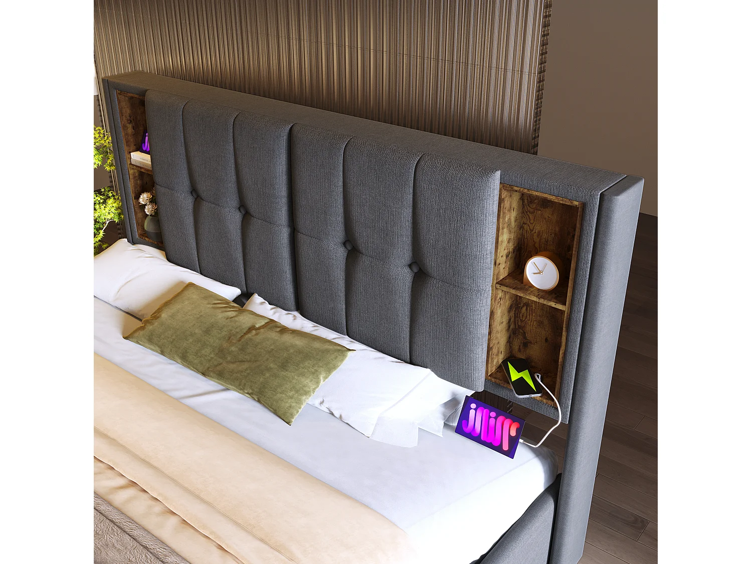 Lit coffre 140x200 cm - lit adulte avec recharge sans fil USB C - coton - gris