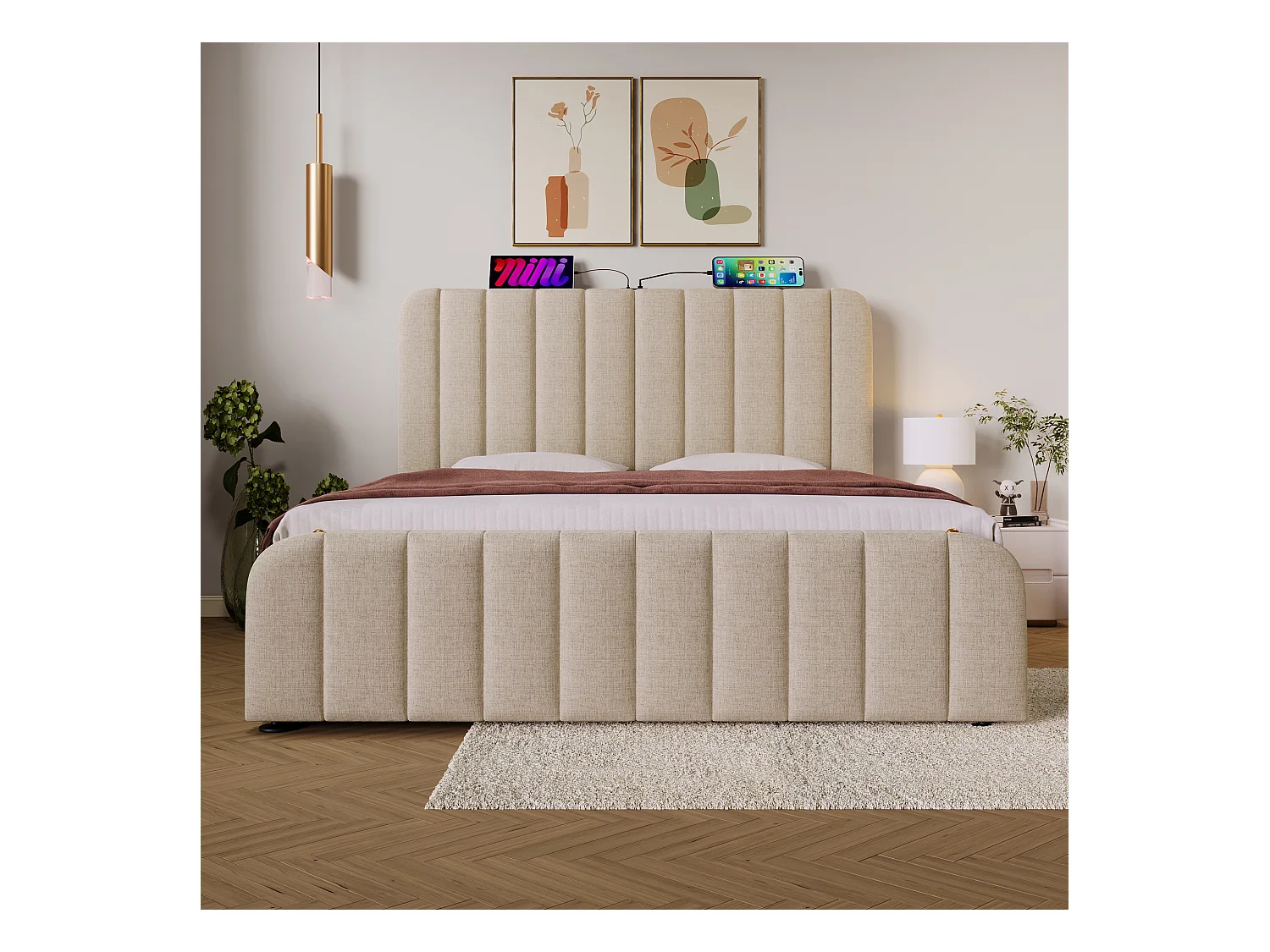 Lit coffre 140x200 cm - lit adulte avec rayures décoratives dorées et recharge USB Type-C - lin - beige