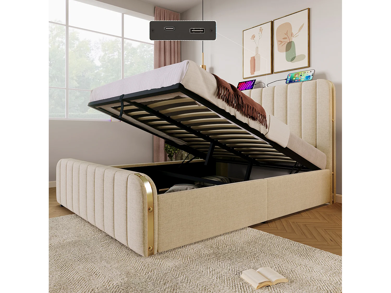Lit coffre 140x200 cm - lit adulte avec rayures décoratives dorées et recharge USB Type-C - lin - beige