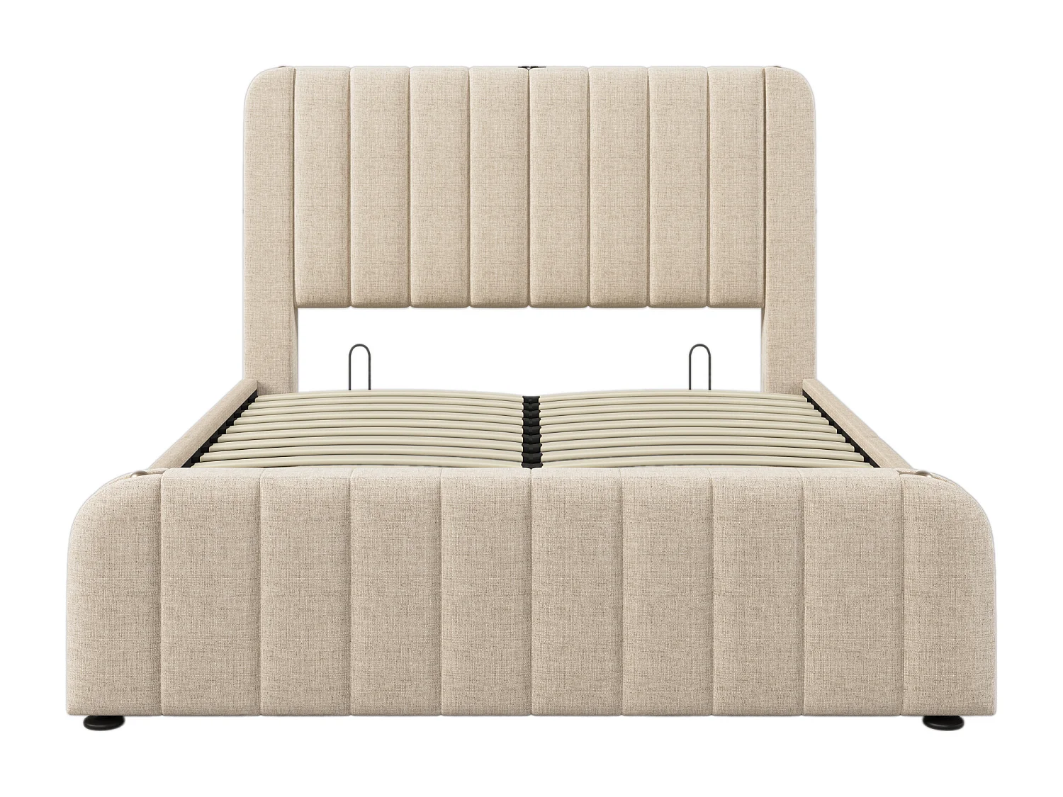 Lit coffre 140x200 cm - lit adulte avec rayures décoratives dorées et recharge USB Type-C - lin - beige