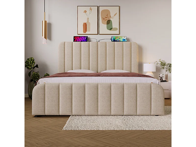 Lit coffre 140x200 cm - lit adulte avec rayures décoratives dorées et recharge USB Type-C - lin - beige