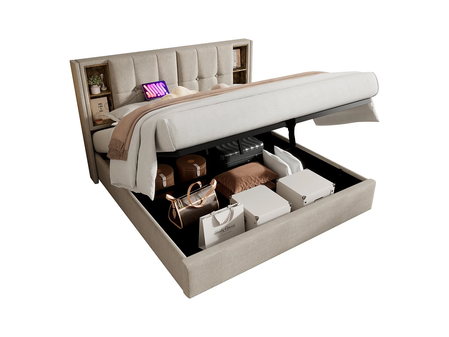 Lit coffre 140x200 cm - lit adulte avec recharge sans fil USB C - lin - coloris naturel