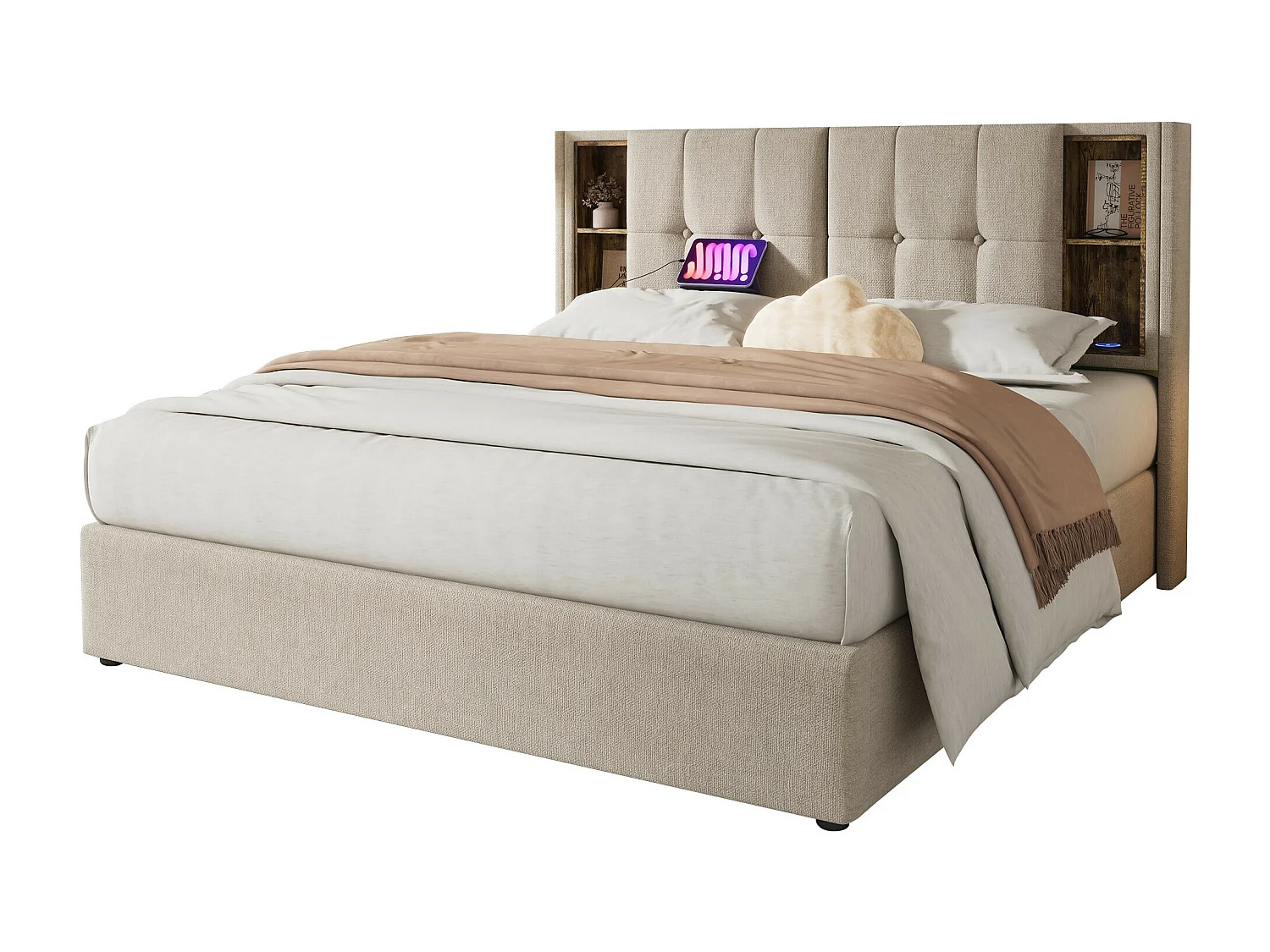 Lit coffre 140x200 cm - lit adulte avec recharge sans fil USB C - lin - coloris naturel