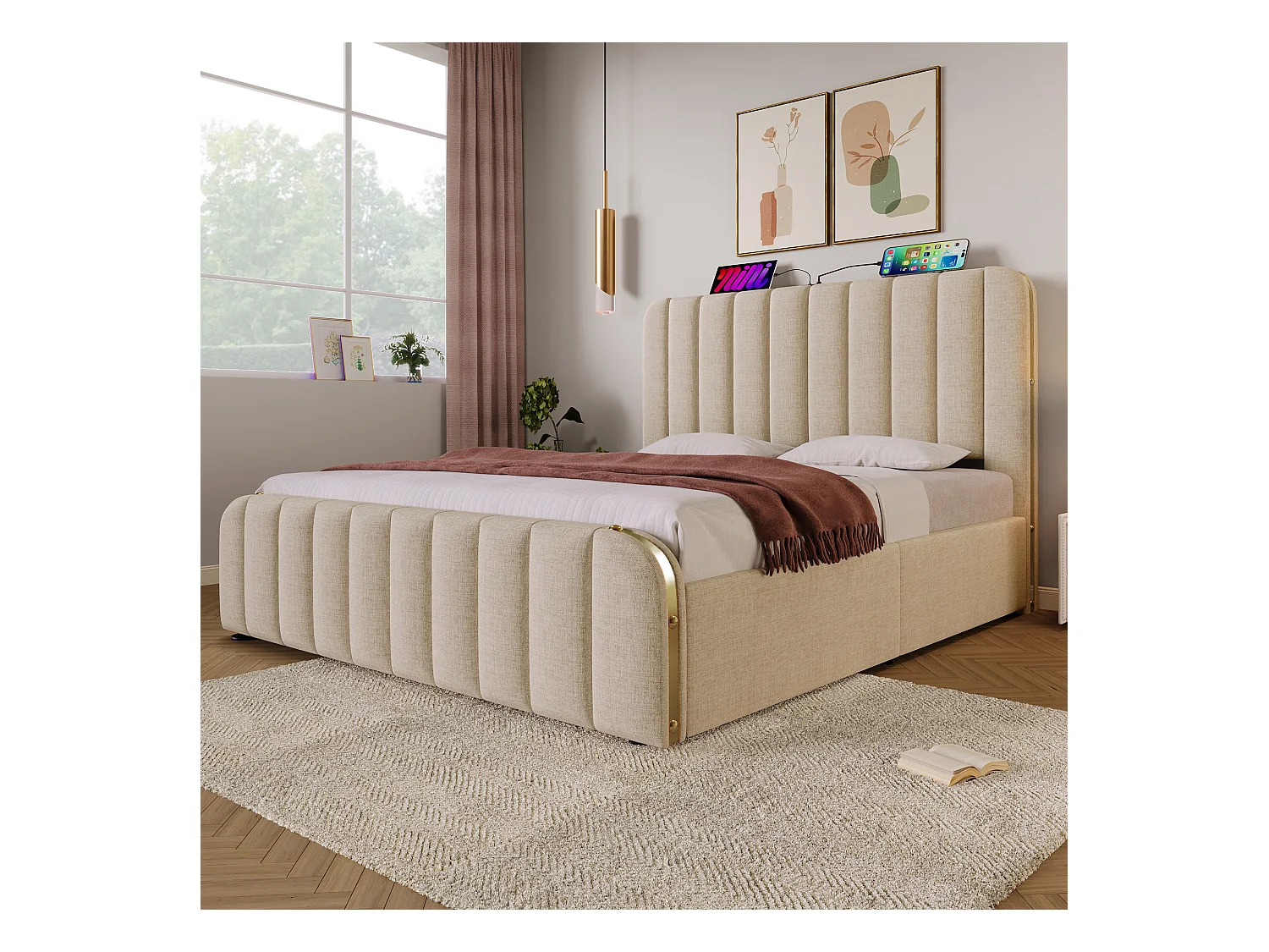 Lit coffre 160x200 cm - lit adulte avec rayures décoratives dorées et recharge USB Type-C - lin - beige