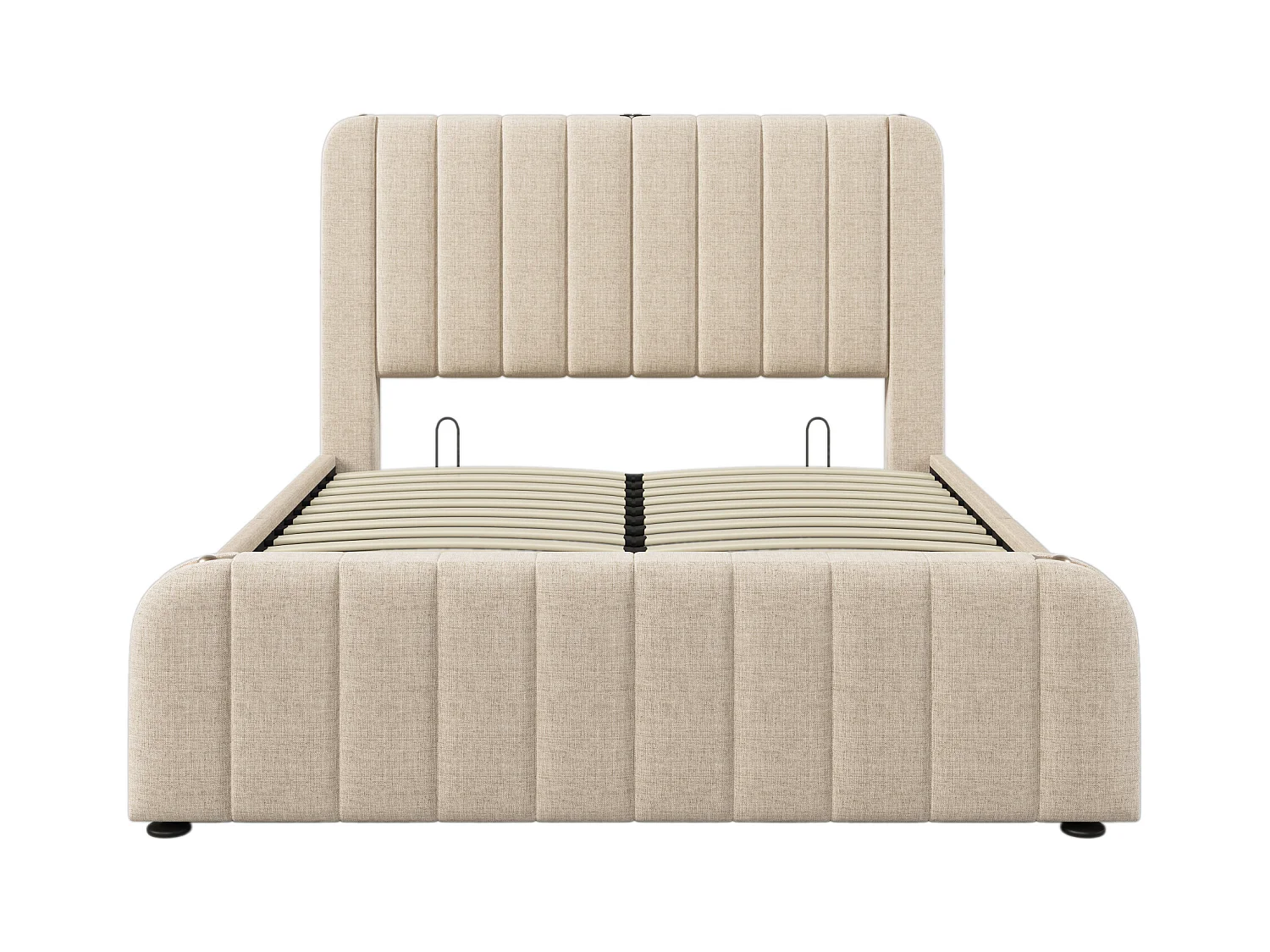 Lit coffre 160x200 cm - lit adulte avec rayures décoratives dorées et recharge USB Type-C - lin - beige